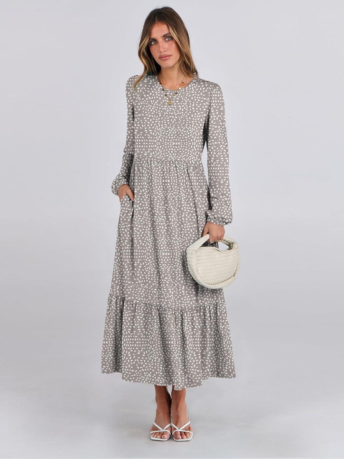 imageANRABESS Womens Casual Long Sleeve Midi Dress 2025 Fall Crewneck A Line Tiered Flowy Loose Trendy Dresses with PocketsGray With White Polka Dot