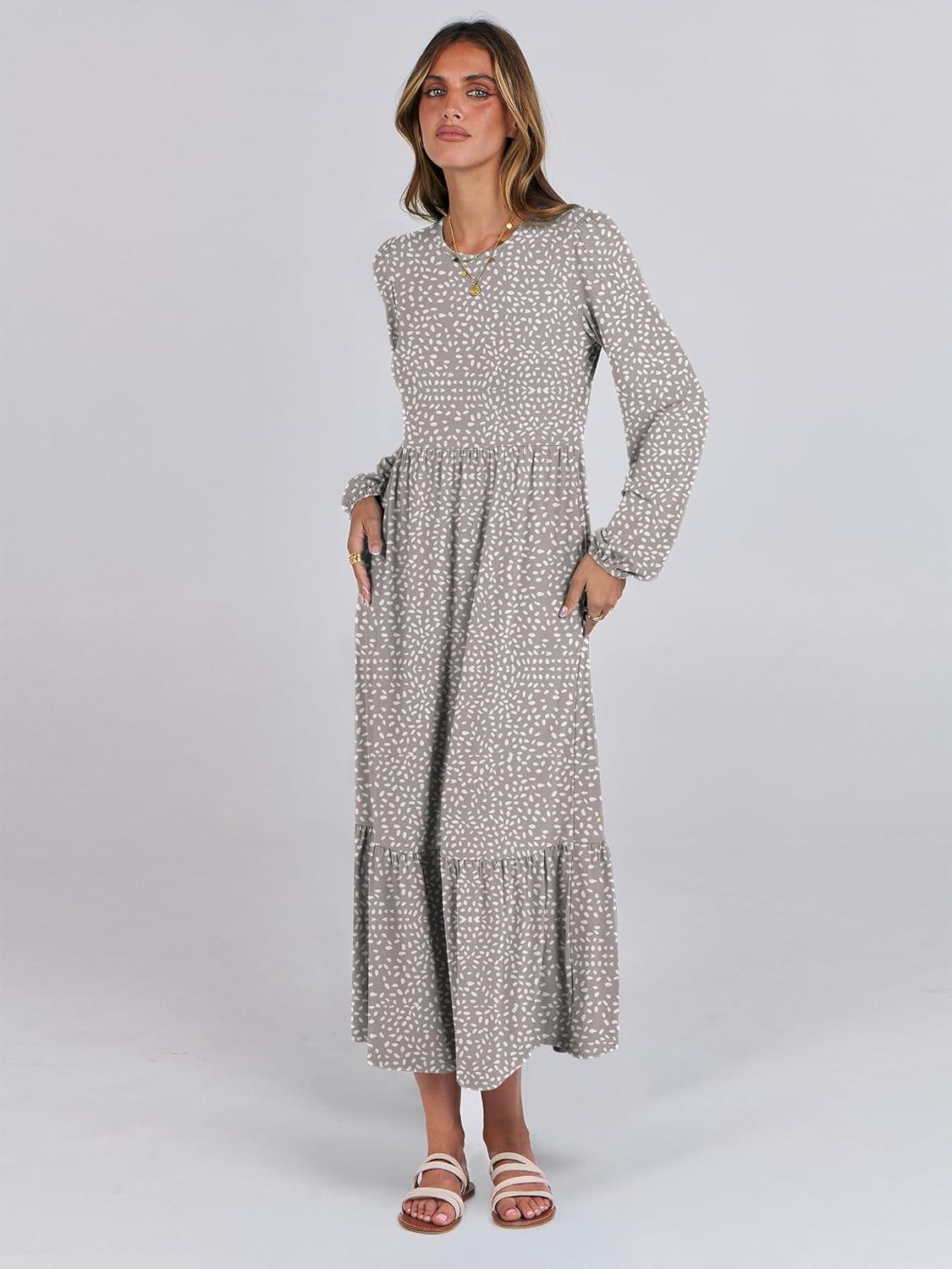 imageANRABESS Womens Casual Long Sleeve Midi Dress 2025 Fall Crewneck A Line Tiered Flowy Loose Trendy Dresses with PocketsGray With White Polka Dot