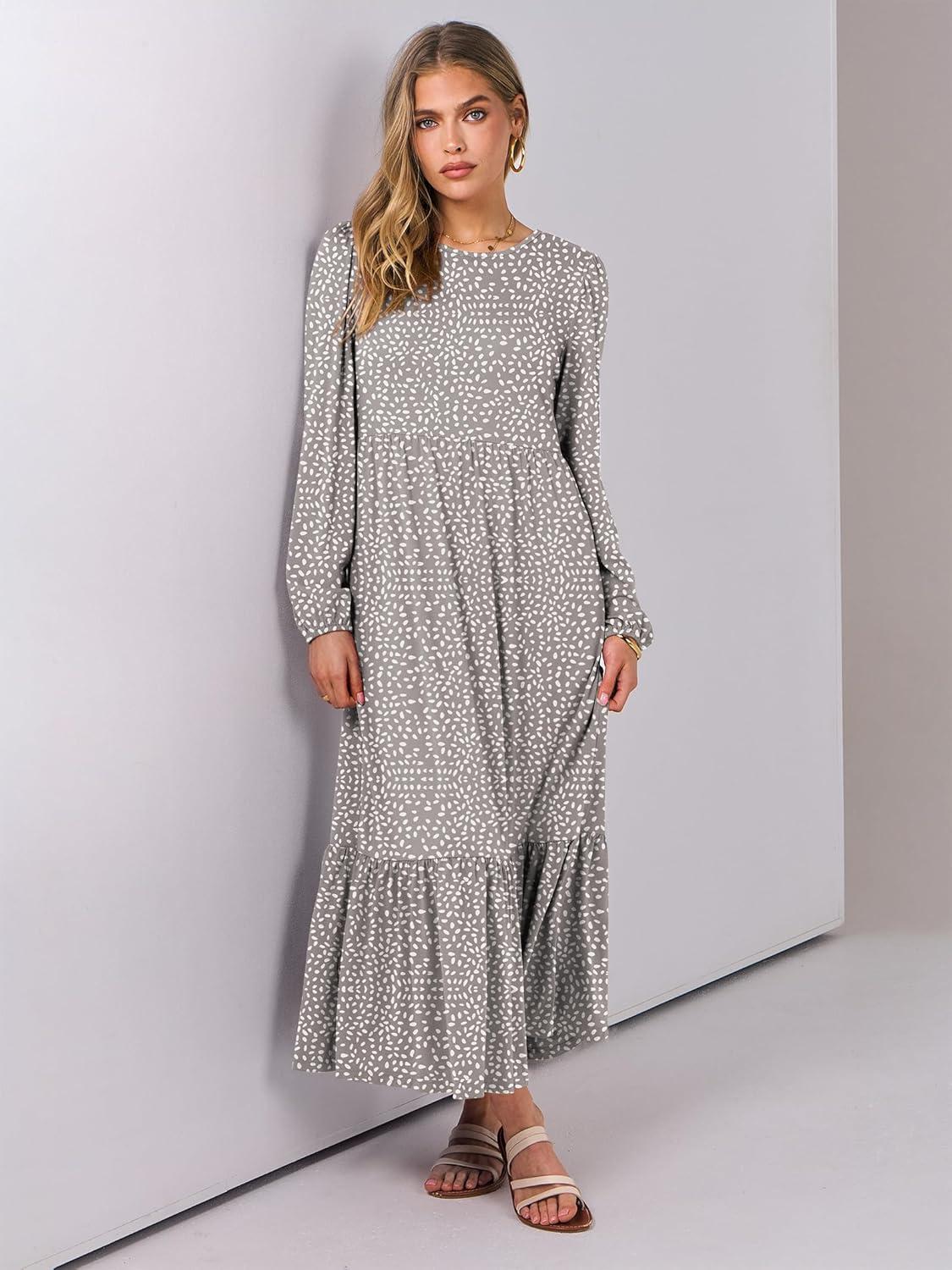imageANRABESS Womens Casual Long Sleeve Midi Dress 2025 Fall Crewneck A Line Tiered Flowy Loose Trendy Dresses with PocketsGray With White Polka Dot
