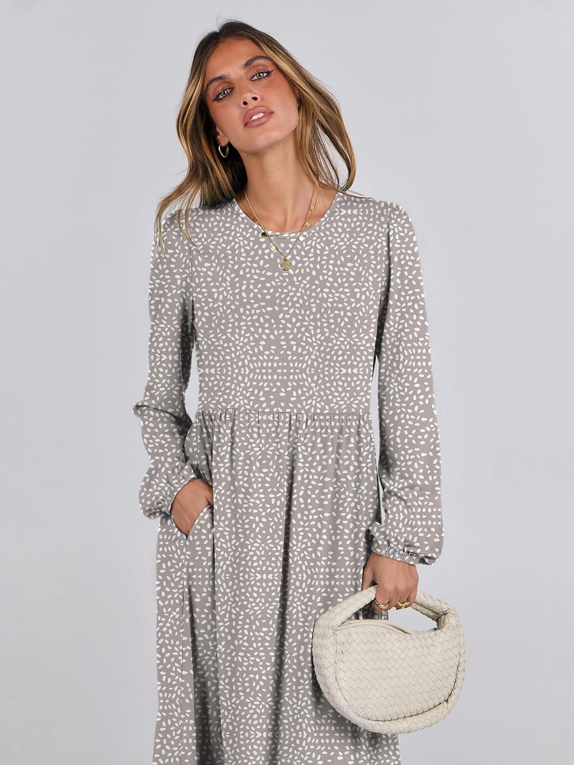 imageANRABESS Womens Casual Long Sleeve Midi Dress 2025 Fall Crewneck A Line Tiered Flowy Loose Trendy Dresses with PocketsGray With White Polka Dot