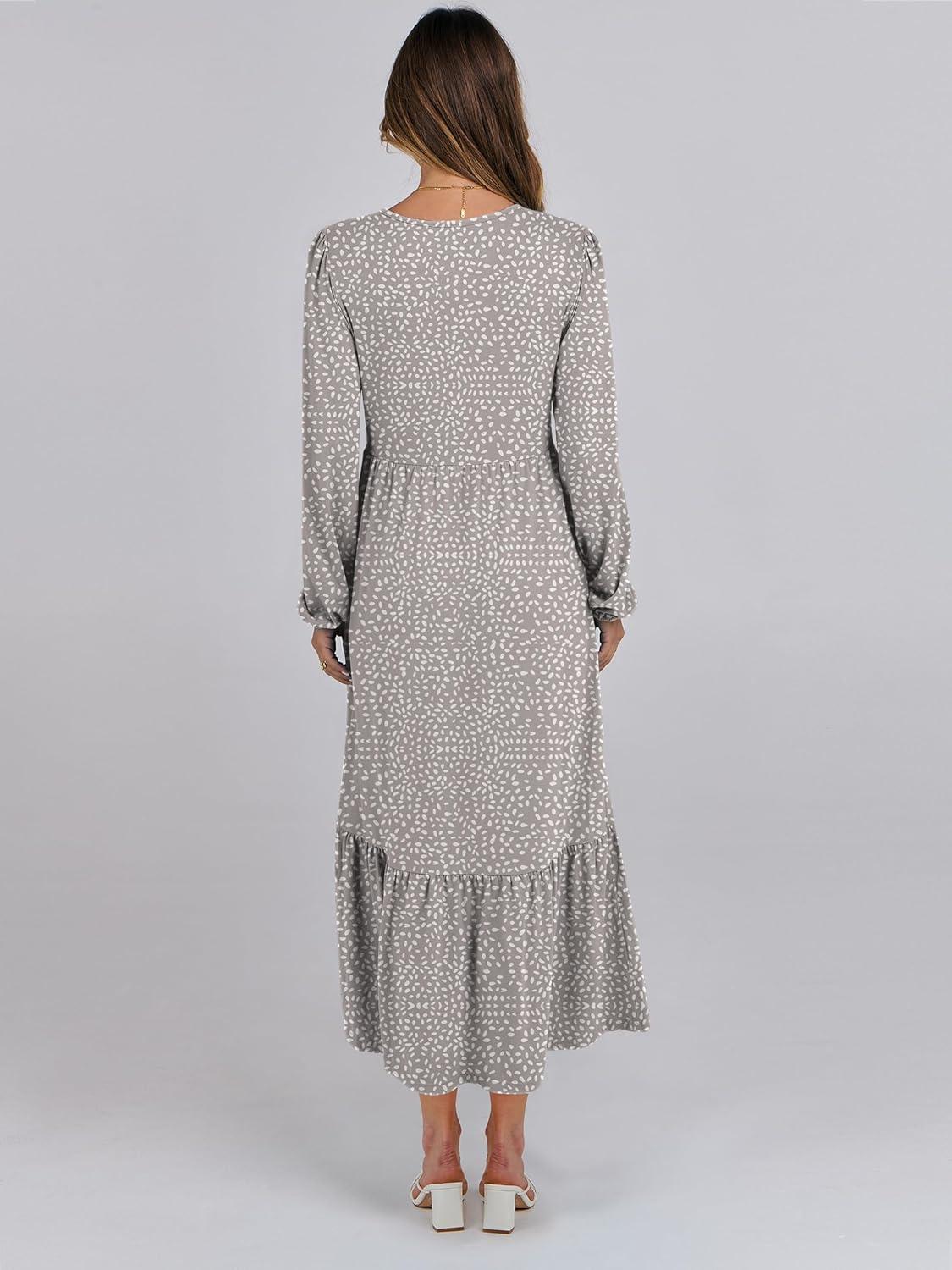 imageANRABESS Womens Casual Long Sleeve Midi Dress 2025 Fall Crewneck A Line Tiered Flowy Loose Trendy Dresses with PocketsGray With White Polka Dot