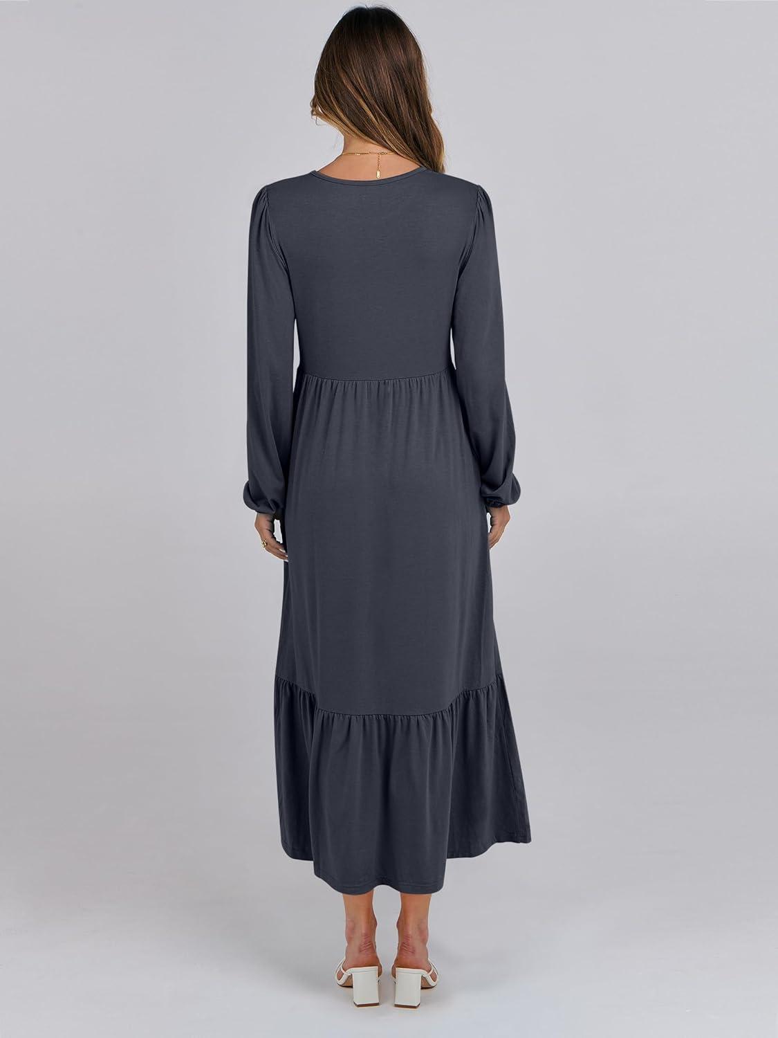 imageANRABESS Womens Casual Long Sleeve Midi Dress 2025 Fall Crewneck A Line Tiered Flowy Loose Trendy Dresses with PocketsGrey