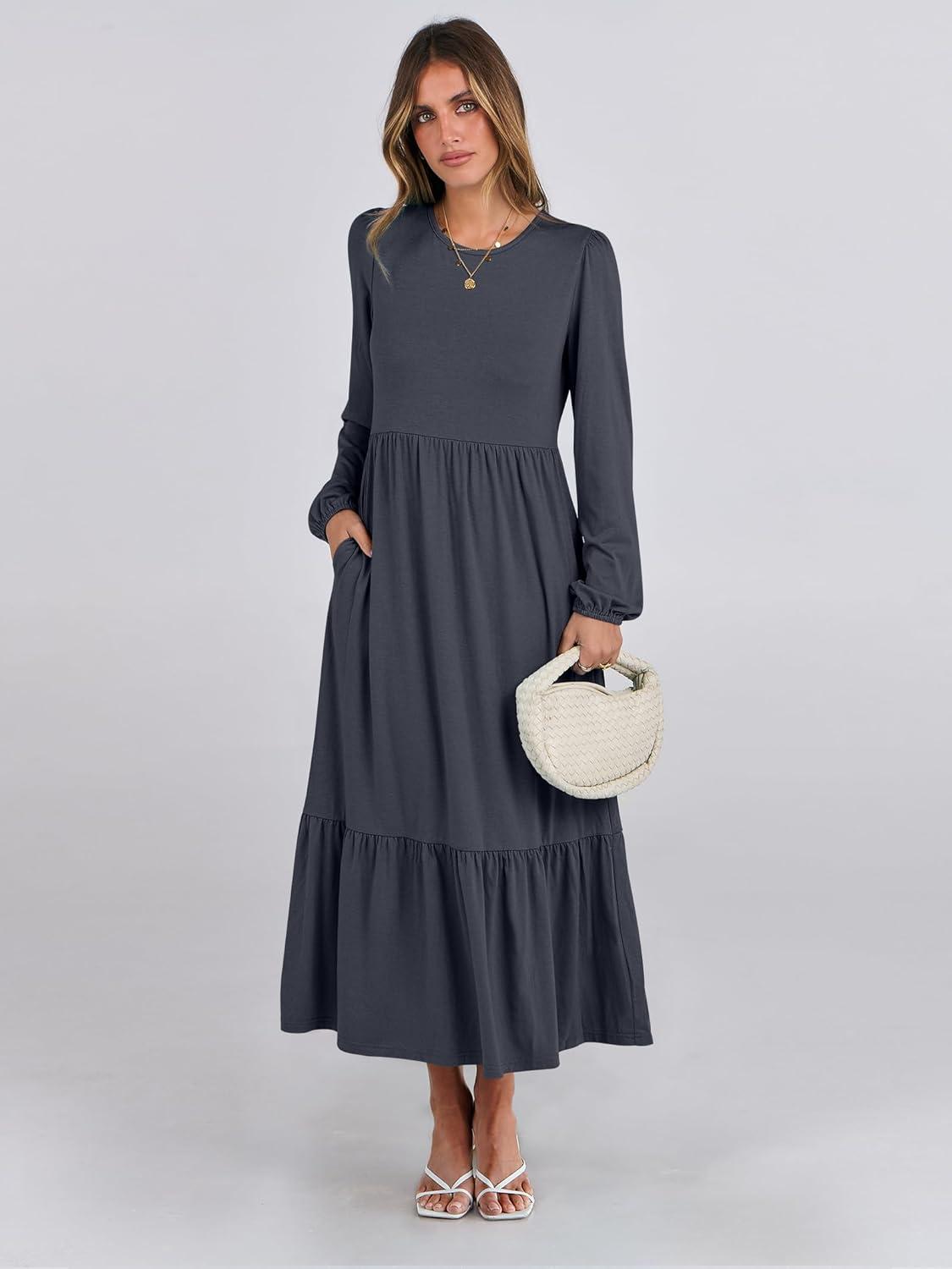 imageANRABESS Womens Casual Long Sleeve Midi Dress 2025 Fall Crewneck A Line Tiered Flowy Loose Trendy Dresses with PocketsGrey