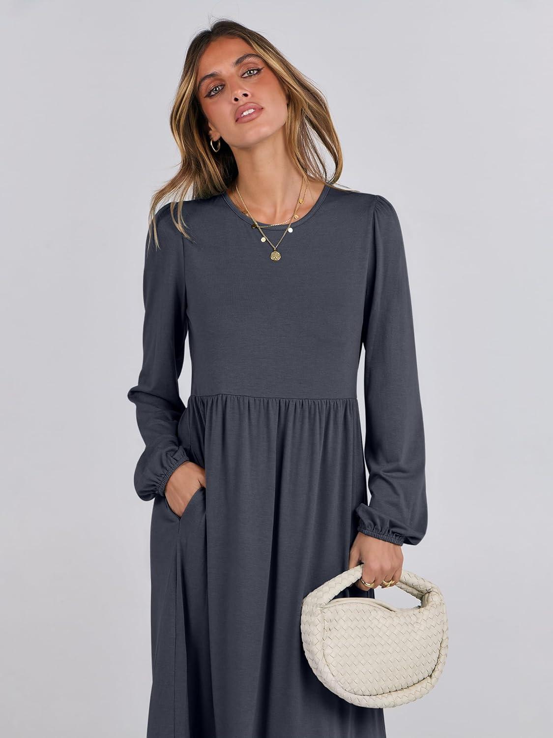imageANRABESS Womens Casual Long Sleeve Midi Dress 2025 Fall Crewneck A Line Tiered Flowy Loose Trendy Dresses with PocketsGrey