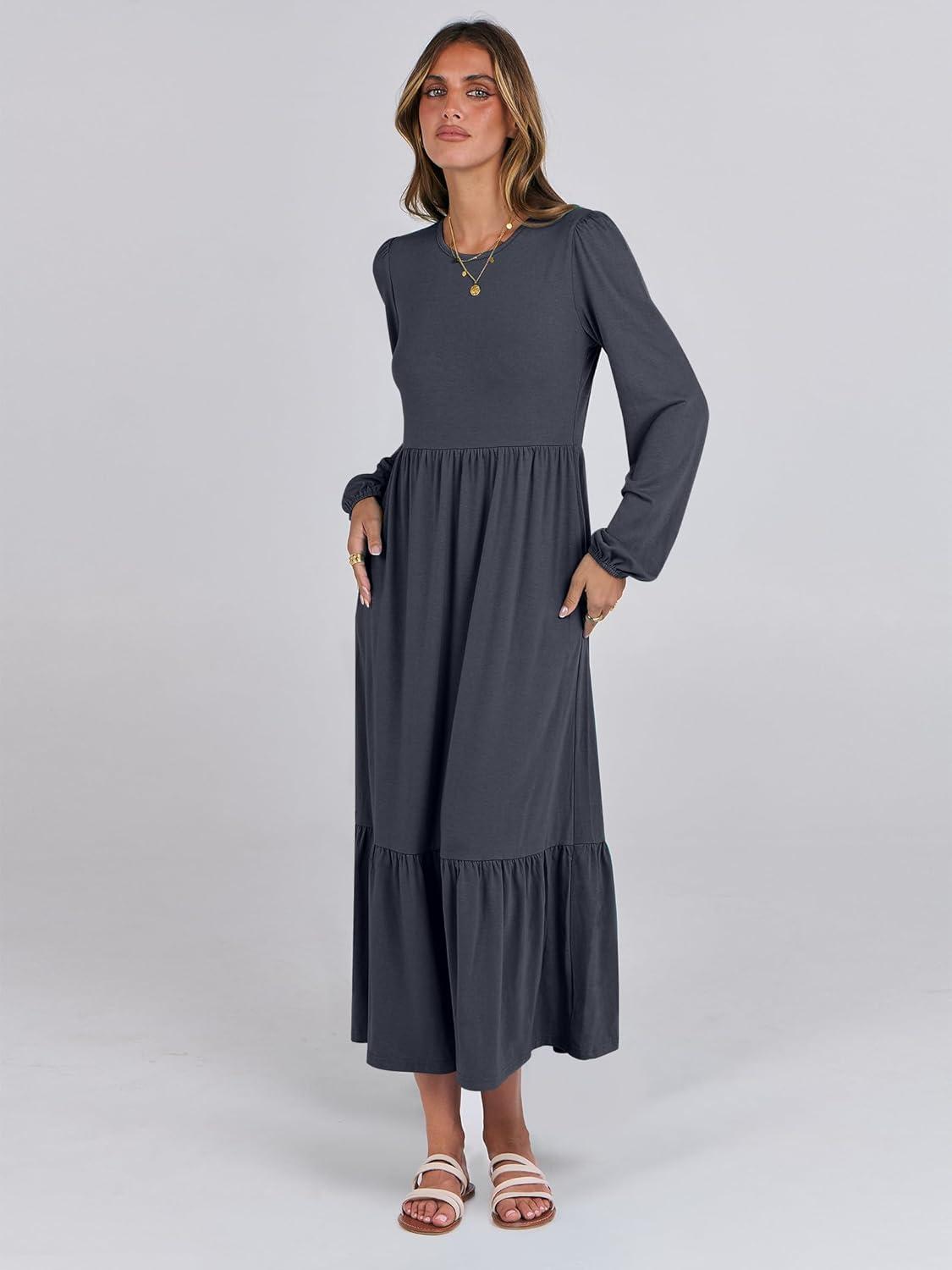 imageANRABESS Womens Casual Long Sleeve Midi Dress 2025 Fall Crewneck A Line Tiered Flowy Loose Trendy Dresses with PocketsGrey
