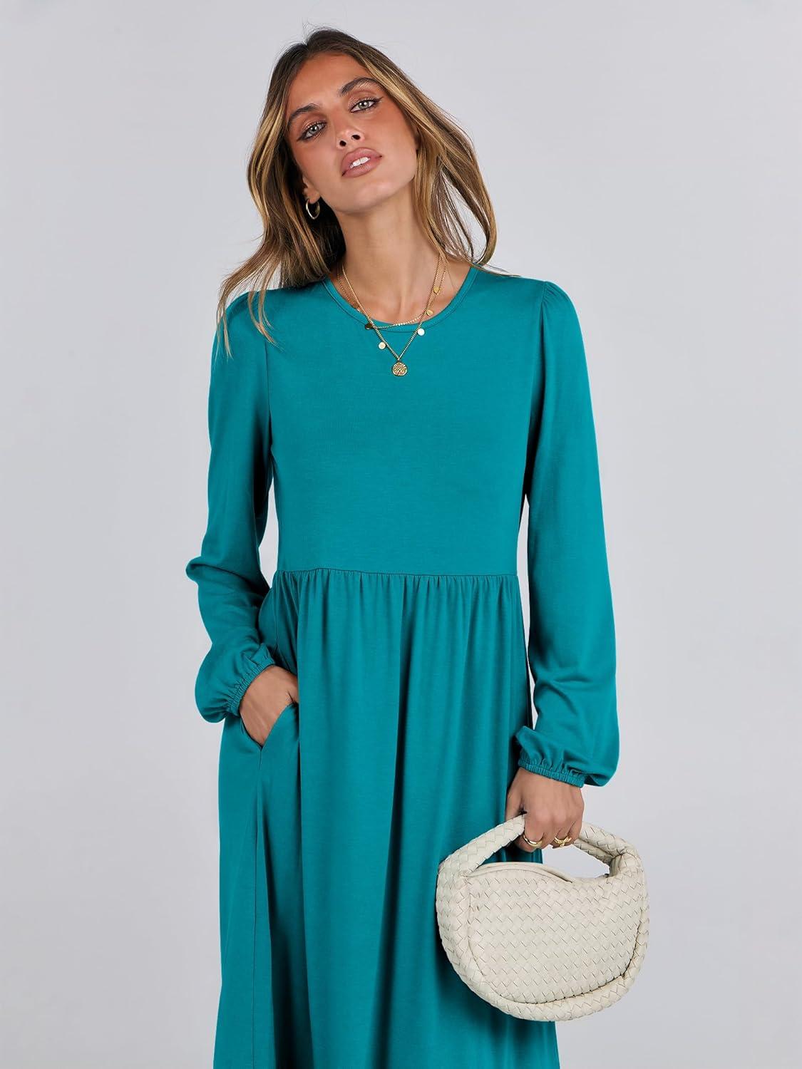 imageANRABESS Womens Casual Long Sleeve Midi Dress 2025 Fall Crewneck A Line Tiered Flowy Loose Trendy Dresses with PocketsLake Green
