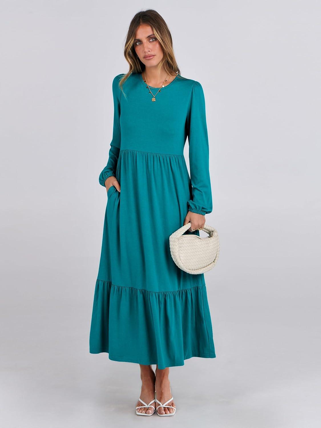imageANRABESS Womens Casual Long Sleeve Midi Dress 2025 Fall Crewneck A Line Tiered Flowy Loose Trendy Dresses with PocketsLake Green