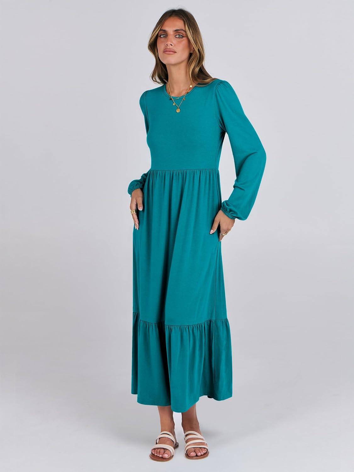 imageANRABESS Womens Casual Long Sleeve Midi Dress 2025 Fall Crewneck A Line Tiered Flowy Loose Trendy Dresses with PocketsLake Green
