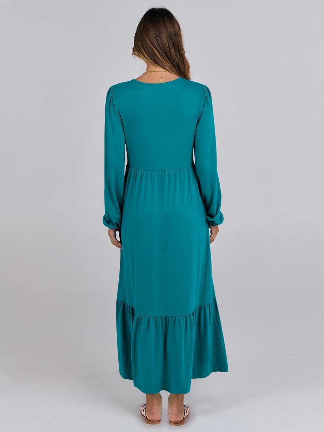 imageANRABESS Womens Casual Long Sleeve Midi Dress 2025 Fall Crewneck A Line Tiered Flowy Loose Trendy Dresses with PocketsLake Green