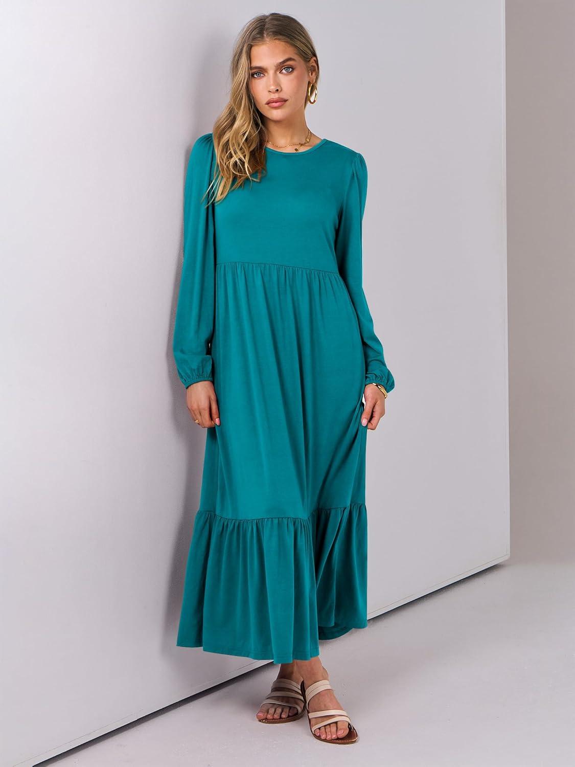 imageANRABESS Womens Casual Long Sleeve Midi Dress 2025 Fall Crewneck A Line Tiered Flowy Loose Trendy Dresses with PocketsLake Green