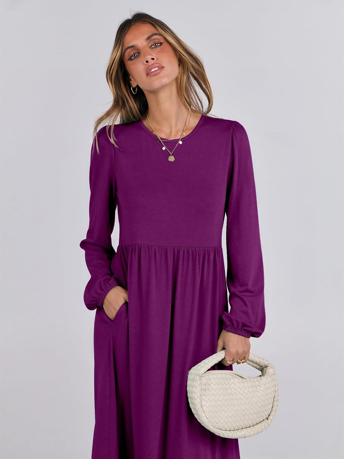 imageANRABESS Womens Casual Long Sleeve Midi Dress 2025 Fall Crewneck A Line Tiered Flowy Loose Trendy Dresses with PocketsPurple