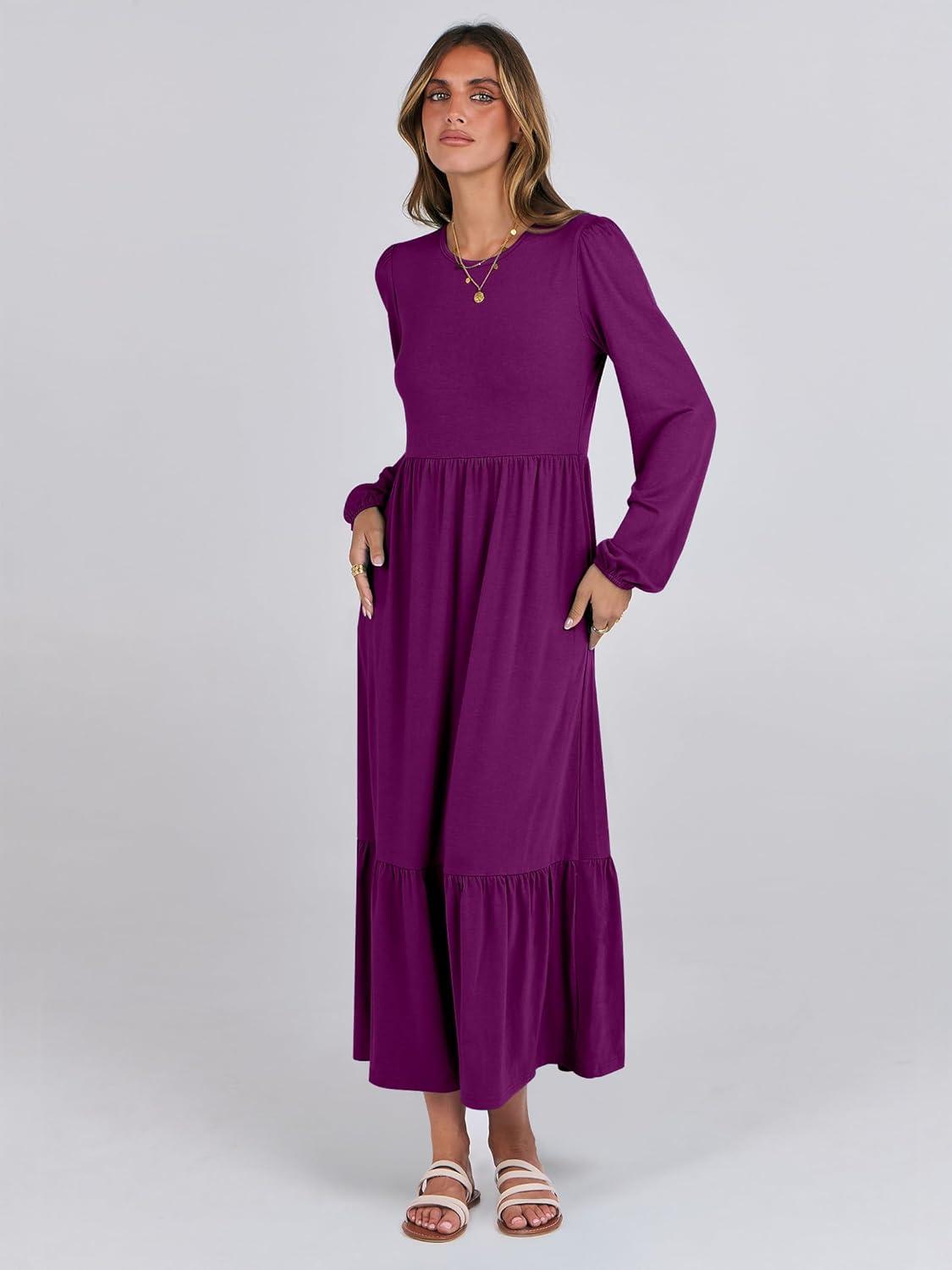 imageANRABESS Womens Casual Long Sleeve Midi Dress 2025 Fall Crewneck A Line Tiered Flowy Loose Trendy Dresses with PocketsPurple