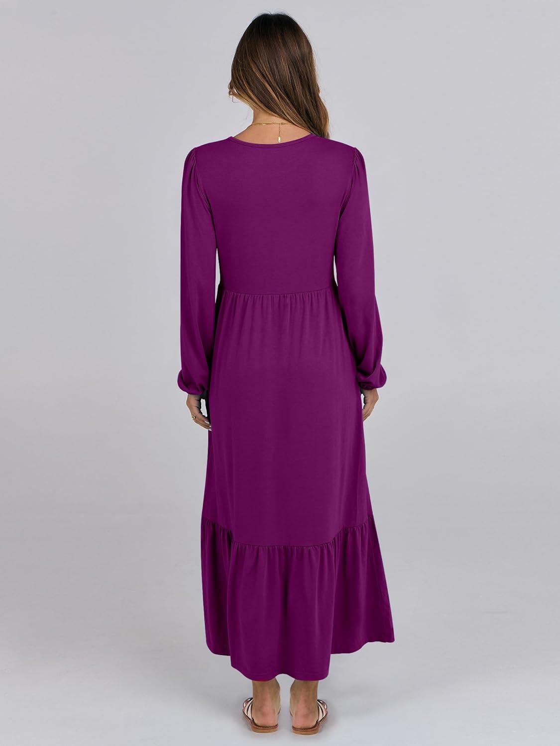 imageANRABESS Womens Casual Long Sleeve Midi Dress 2025 Fall Crewneck A Line Tiered Flowy Loose Trendy Dresses with PocketsPurple