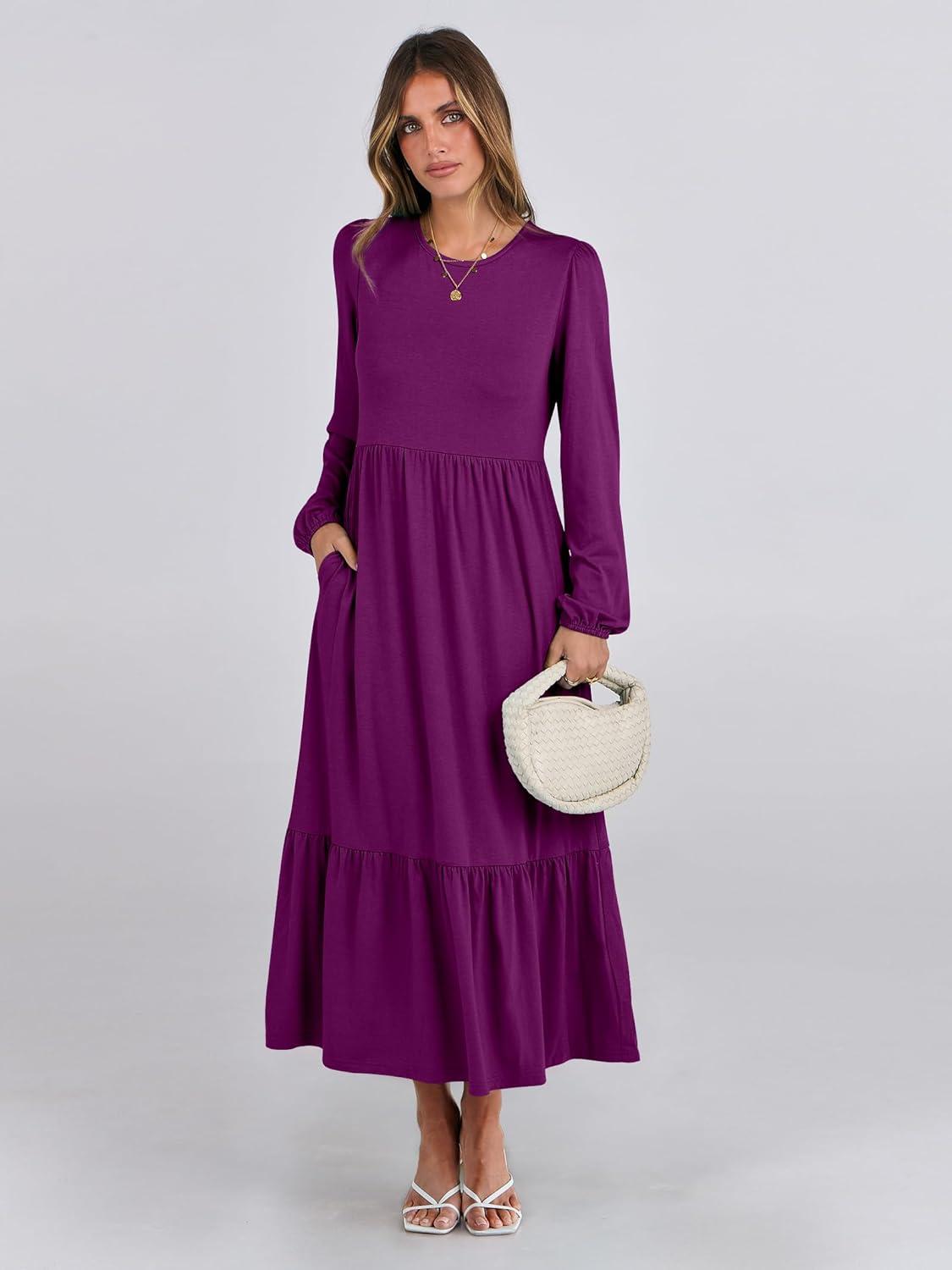 imageANRABESS Womens Casual Long Sleeve Midi Dress 2025 Fall Crewneck A Line Tiered Flowy Loose Trendy Dresses with PocketsPurple