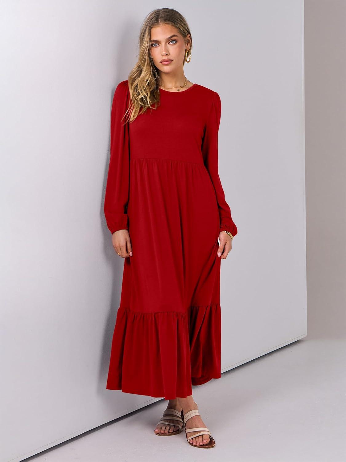 imageANRABESS Womens Casual Long Sleeve Midi Dress 2025 Fall Crewneck A Line Tiered Flowy Loose Trendy Dresses with PocketsRed