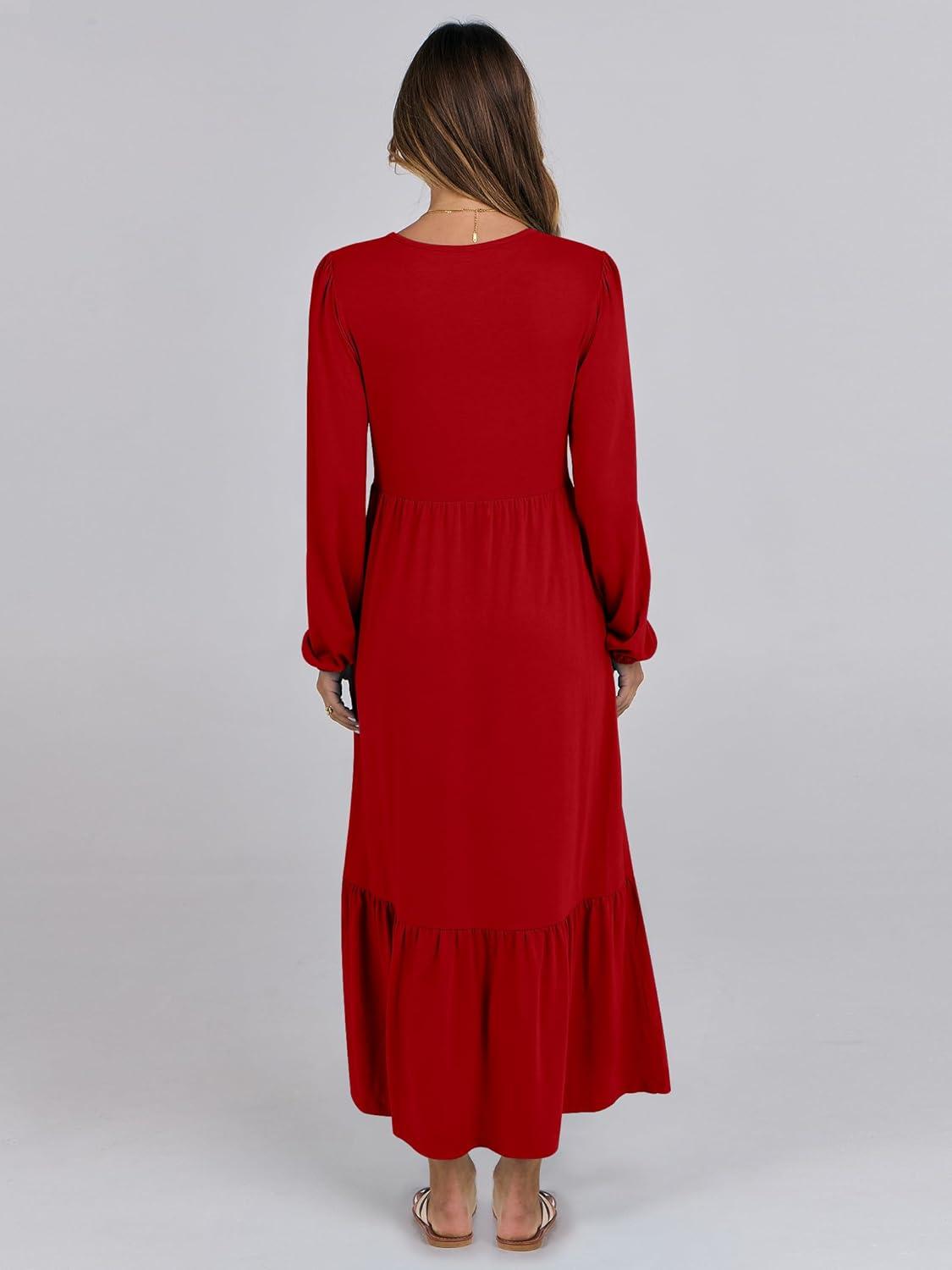 imageANRABESS Womens Casual Long Sleeve Midi Dress 2025 Fall Crewneck A Line Tiered Flowy Loose Trendy Dresses with PocketsRed