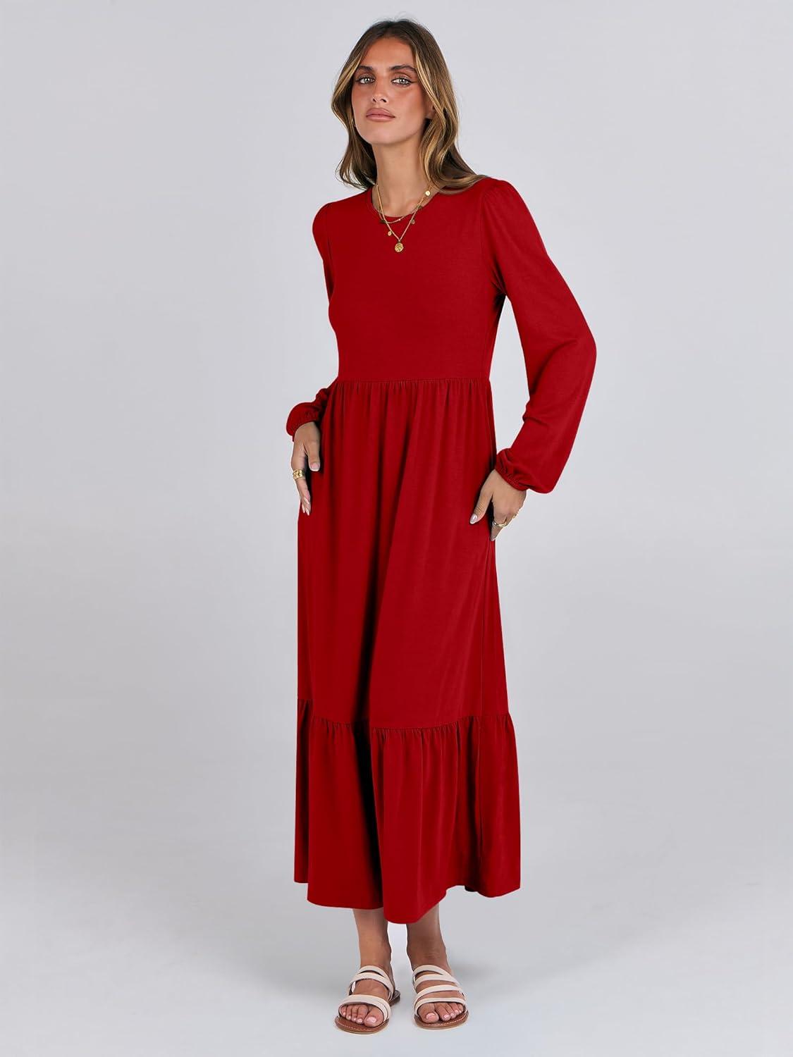 imageANRABESS Womens Casual Long Sleeve Midi Dress 2025 Fall Crewneck A Line Tiered Flowy Loose Trendy Dresses with PocketsRed