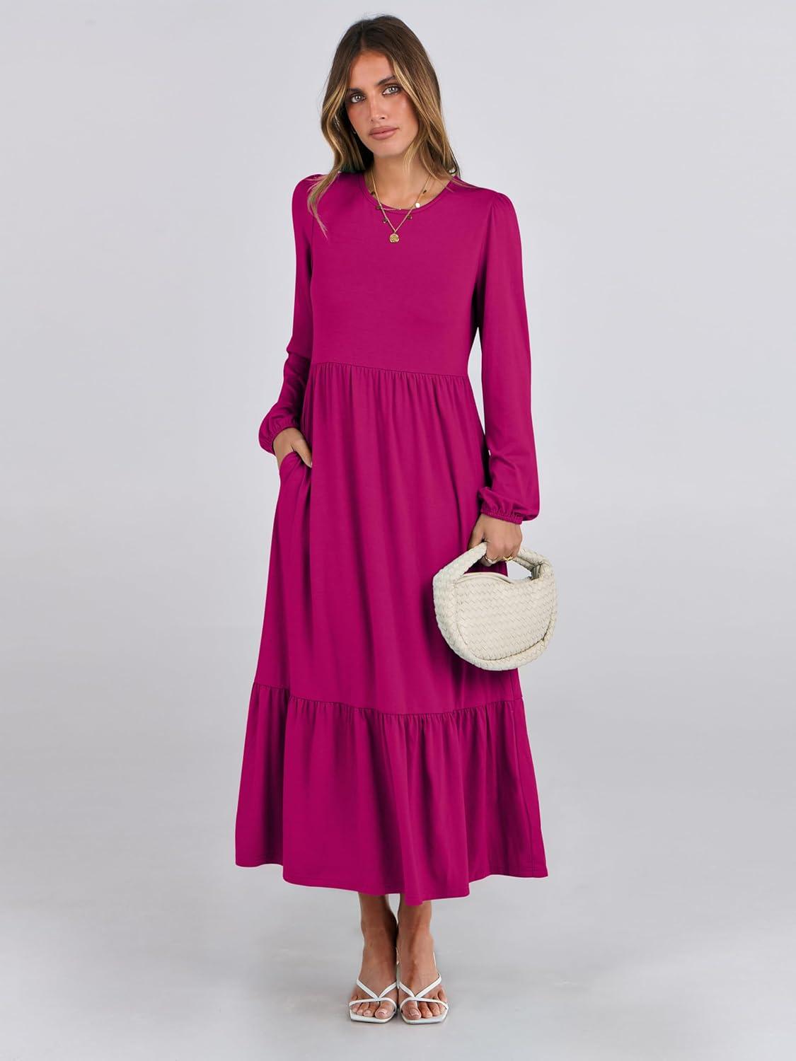 imageANRABESS Womens Casual Long Sleeve Midi Dress 2025 Fall Crewneck A Line Tiered Flowy Loose Trendy Dresses with PocketsRose