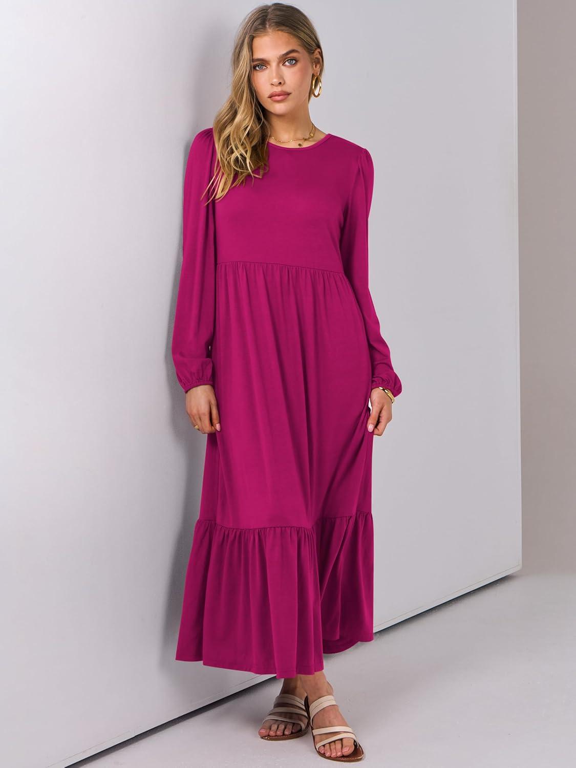 imageANRABESS Womens Casual Long Sleeve Midi Dress 2025 Fall Crewneck A Line Tiered Flowy Loose Trendy Dresses with PocketsRose