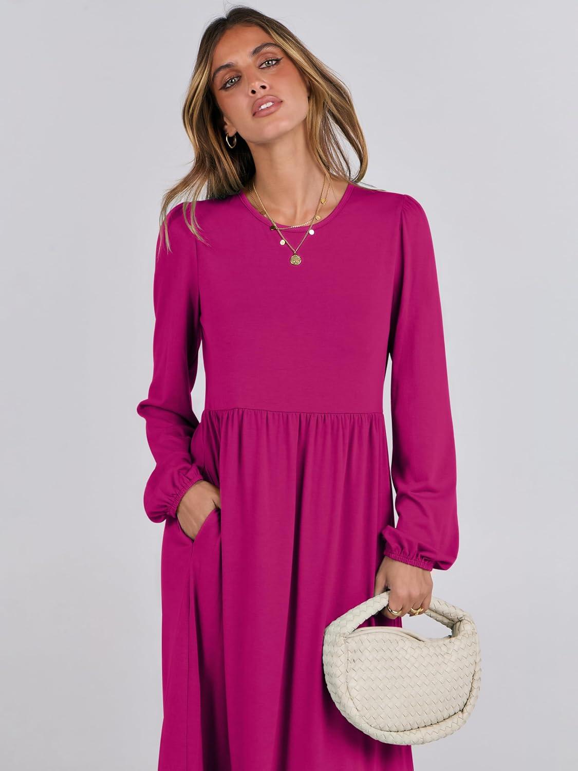 imageANRABESS Womens Casual Long Sleeve Midi Dress 2025 Fall Crewneck A Line Tiered Flowy Loose Trendy Dresses with PocketsRose