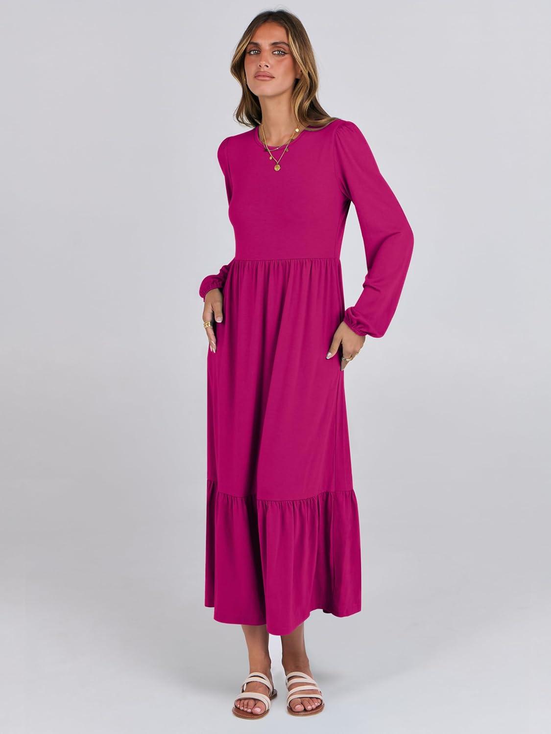imageANRABESS Womens Casual Long Sleeve Midi Dress 2025 Fall Crewneck A Line Tiered Flowy Loose Trendy Dresses with PocketsRose