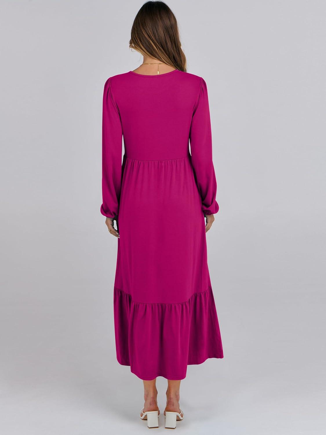 imageANRABESS Womens Casual Long Sleeve Midi Dress 2025 Fall Crewneck A Line Tiered Flowy Loose Trendy Dresses with PocketsRose