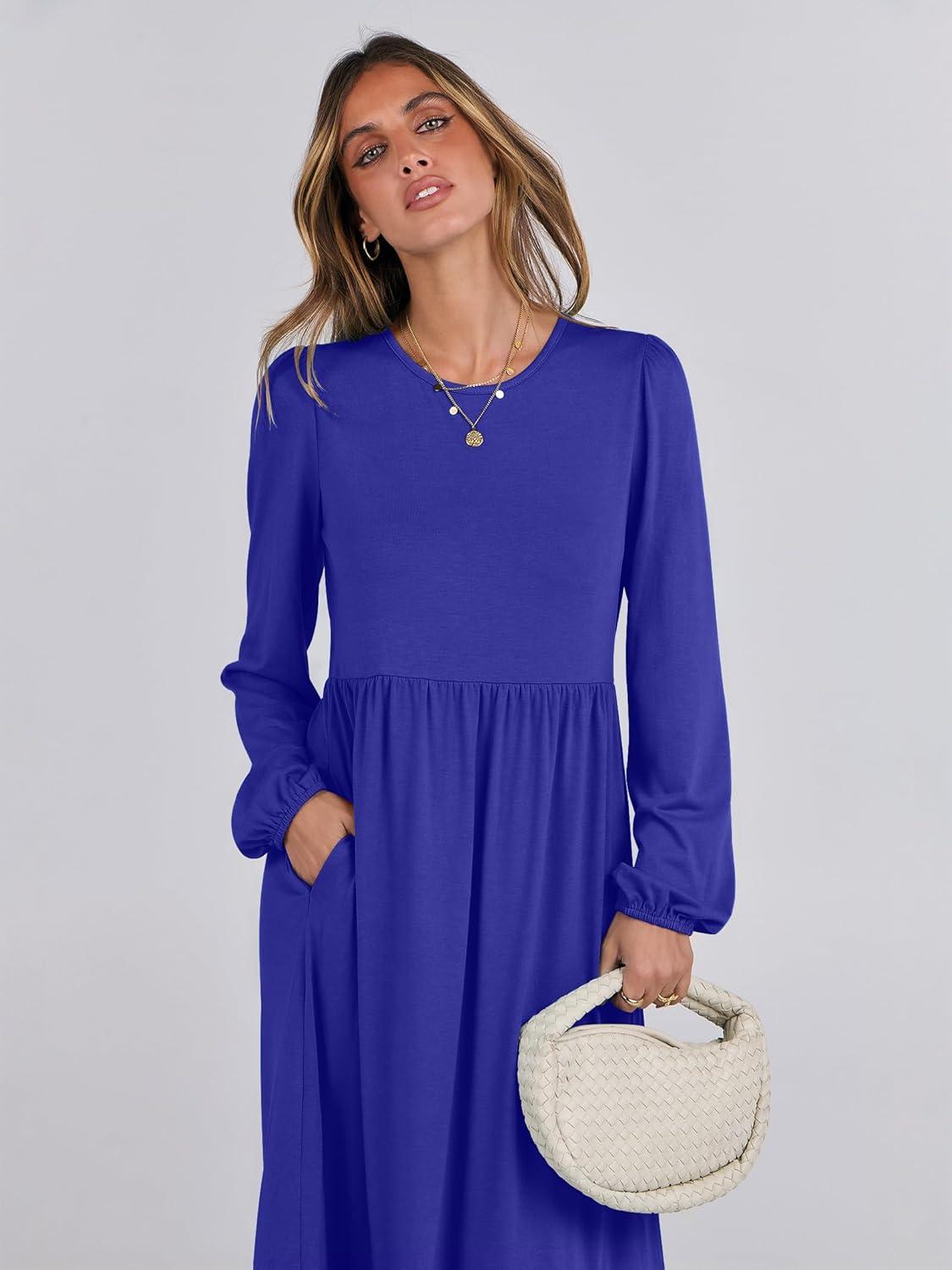 imageANRABESS Womens Casual Long Sleeve Midi Dress 2025 Fall Crewneck A Line Tiered Flowy Loose Trendy Dresses with PocketsRoyal Blue