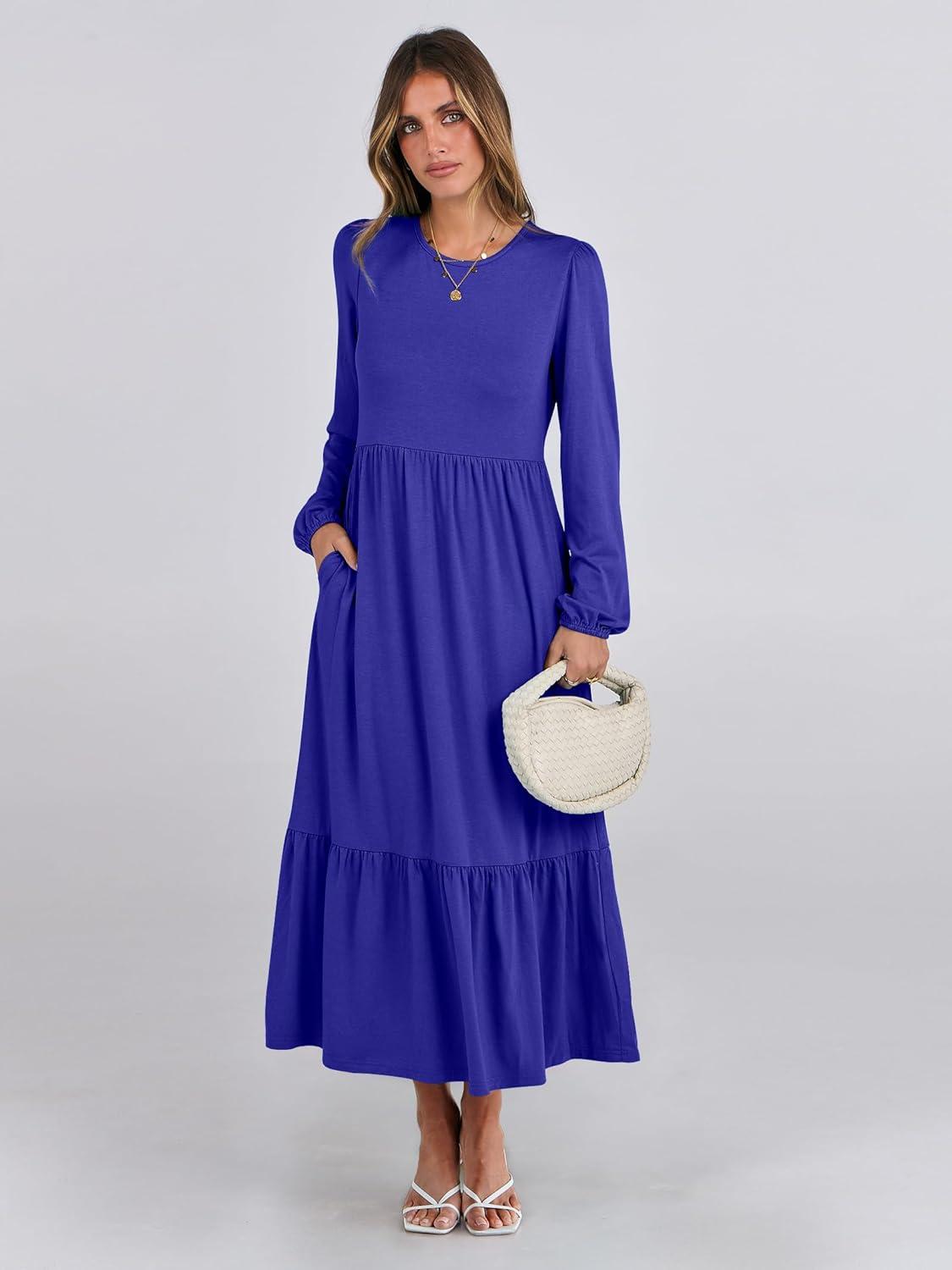 imageANRABESS Womens Casual Long Sleeve Midi Dress 2025 Fall Crewneck A Line Tiered Flowy Loose Trendy Dresses with PocketsRoyal Blue