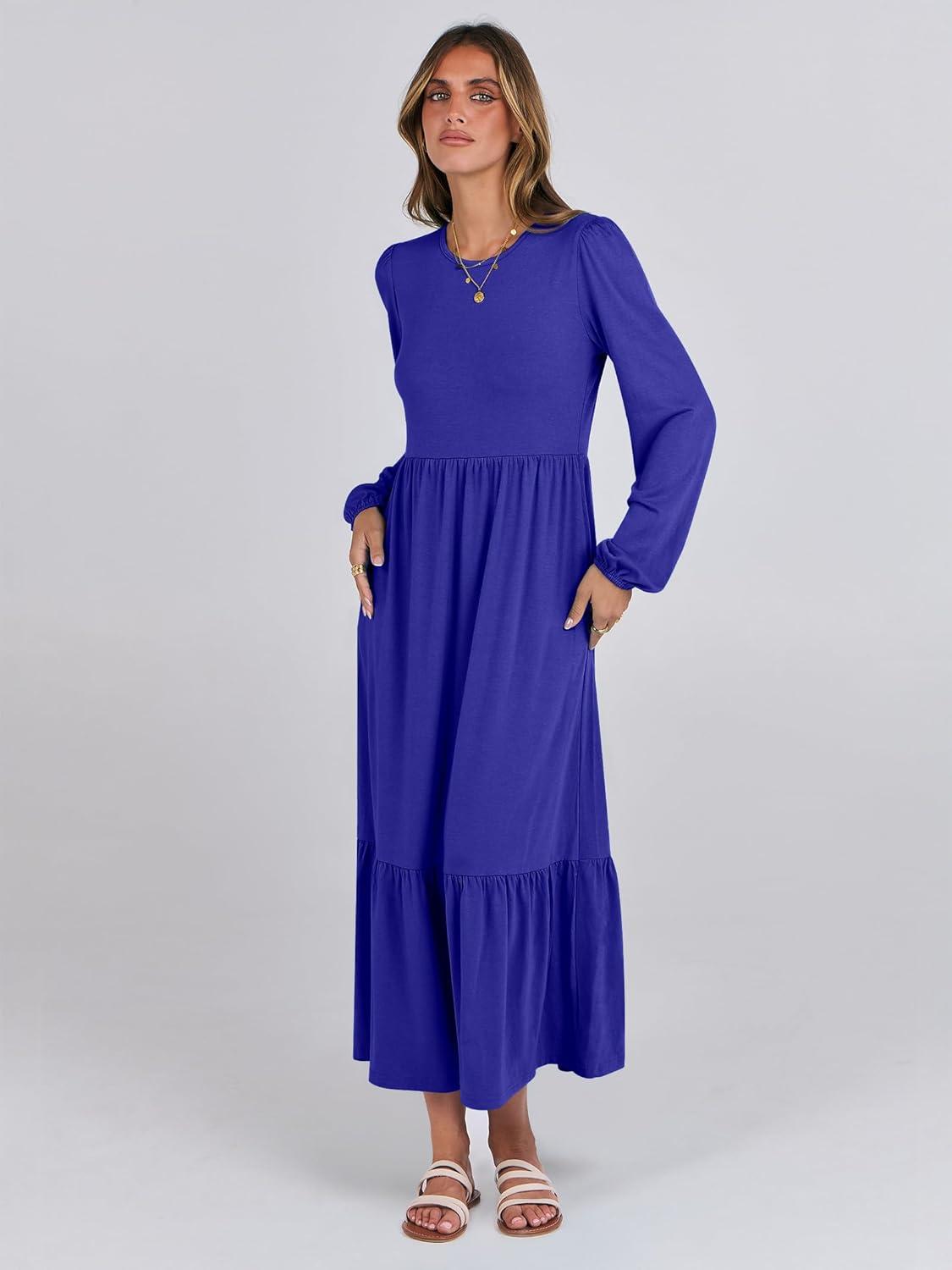 imageANRABESS Womens Casual Long Sleeve Midi Dress 2025 Fall Crewneck A Line Tiered Flowy Loose Trendy Dresses with PocketsRoyal Blue
