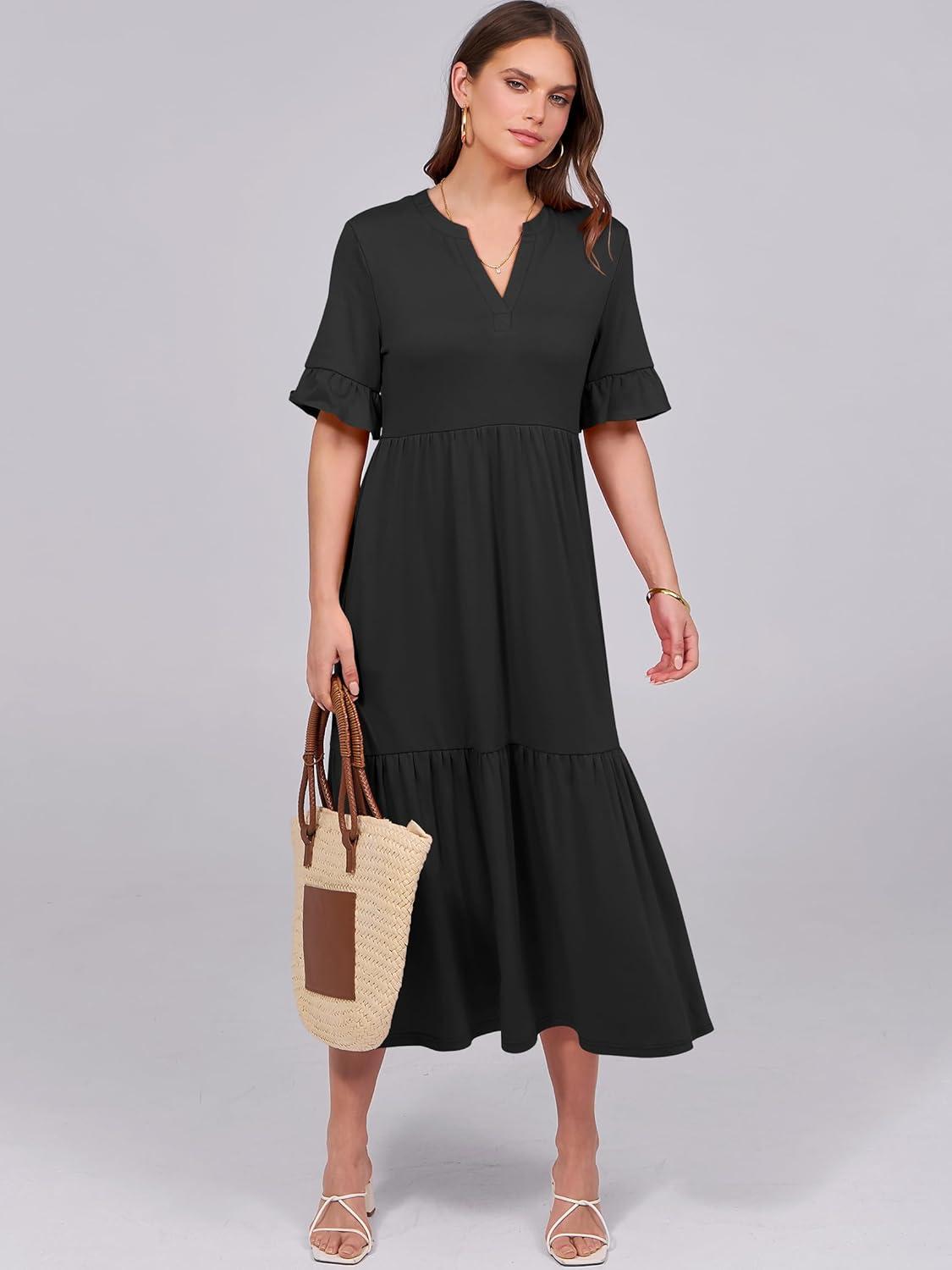 imageANRABESS Womens Casual Summer Ruffle Short Sleeve T Shirts Maxi Dress 2025 Fall V Neck Flowy Tiered Boho Beach DressesBlack