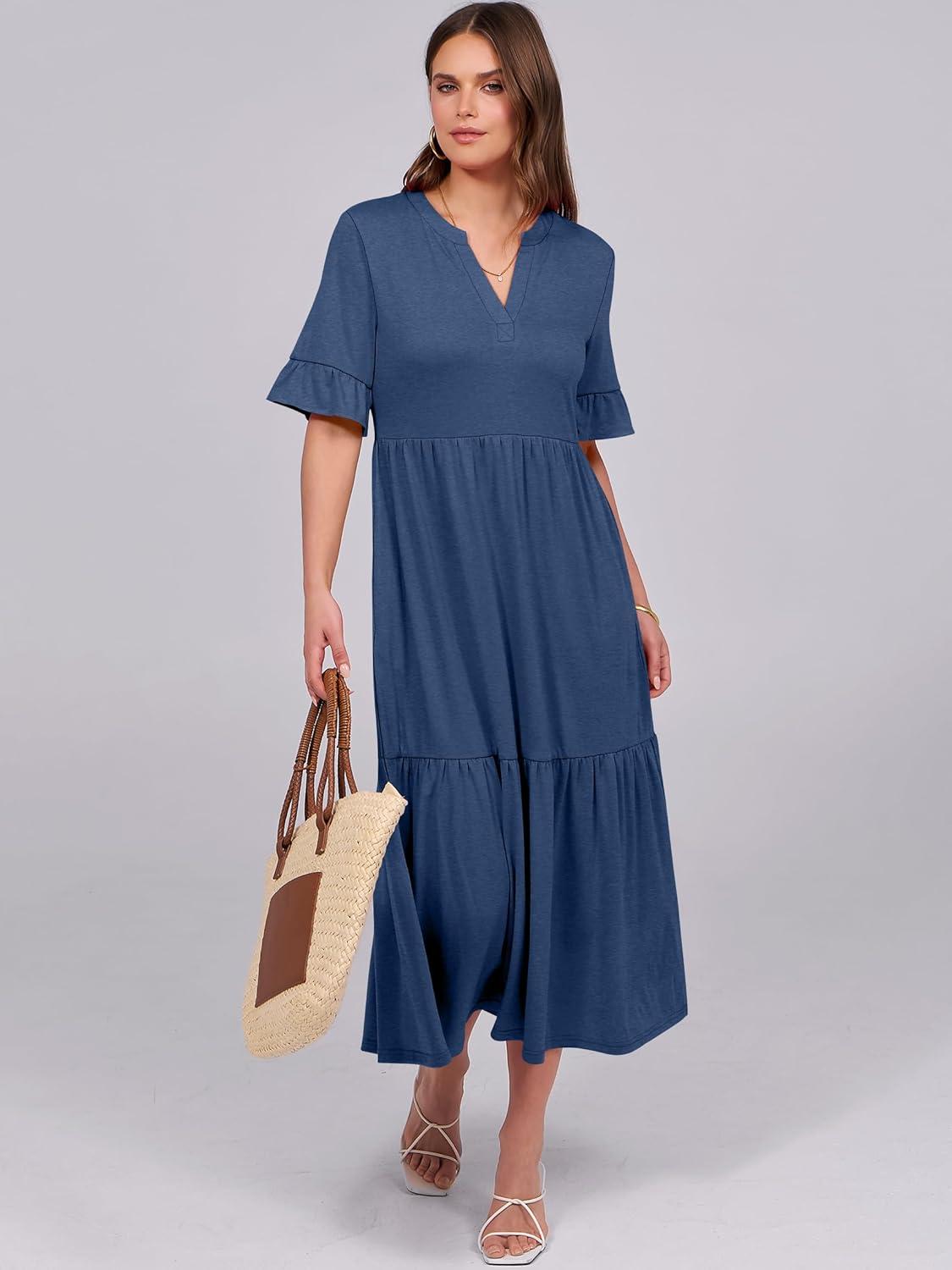 imageANRABESS Womens Casual Summer Ruffle Short Sleeve T Shirts Maxi Dress 2025 Fall V Neck Flowy Tiered Boho Beach DressesBlue