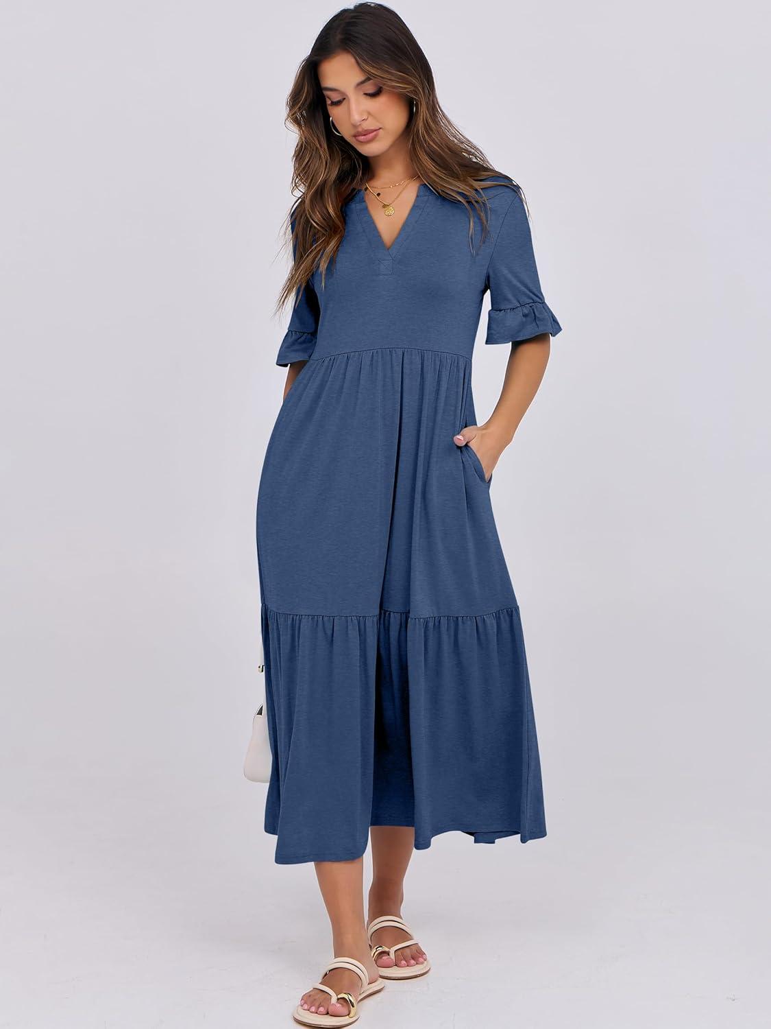 imageANRABESS Womens Casual Summer Ruffle Short Sleeve T Shirts Maxi Dress 2025 Fall V Neck Flowy Tiered Boho Beach DressesBlue