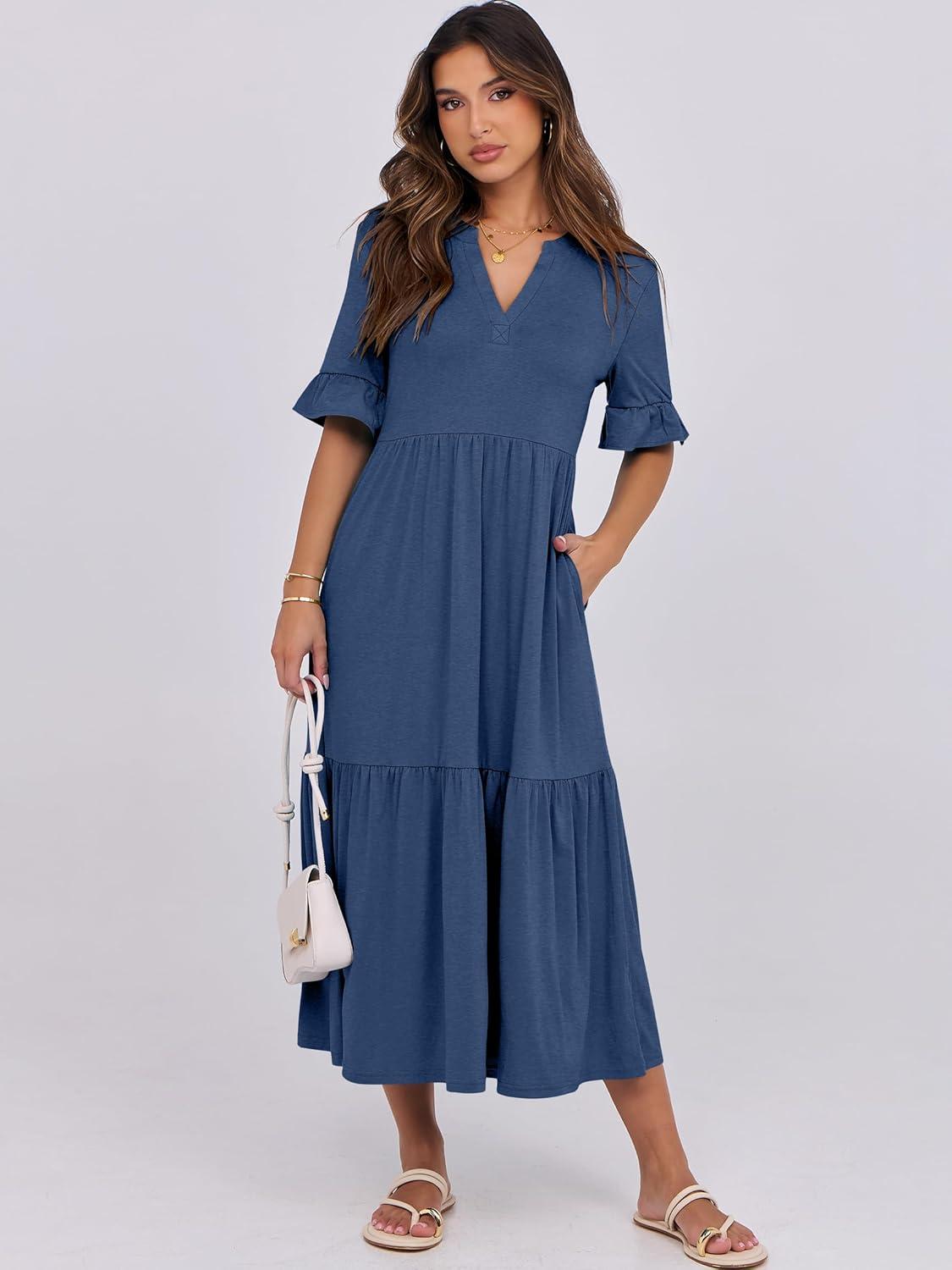 imageANRABESS Womens Casual Summer Ruffle Short Sleeve T Shirts Maxi Dress 2025 Fall V Neck Flowy Tiered Boho Beach DressesBlue