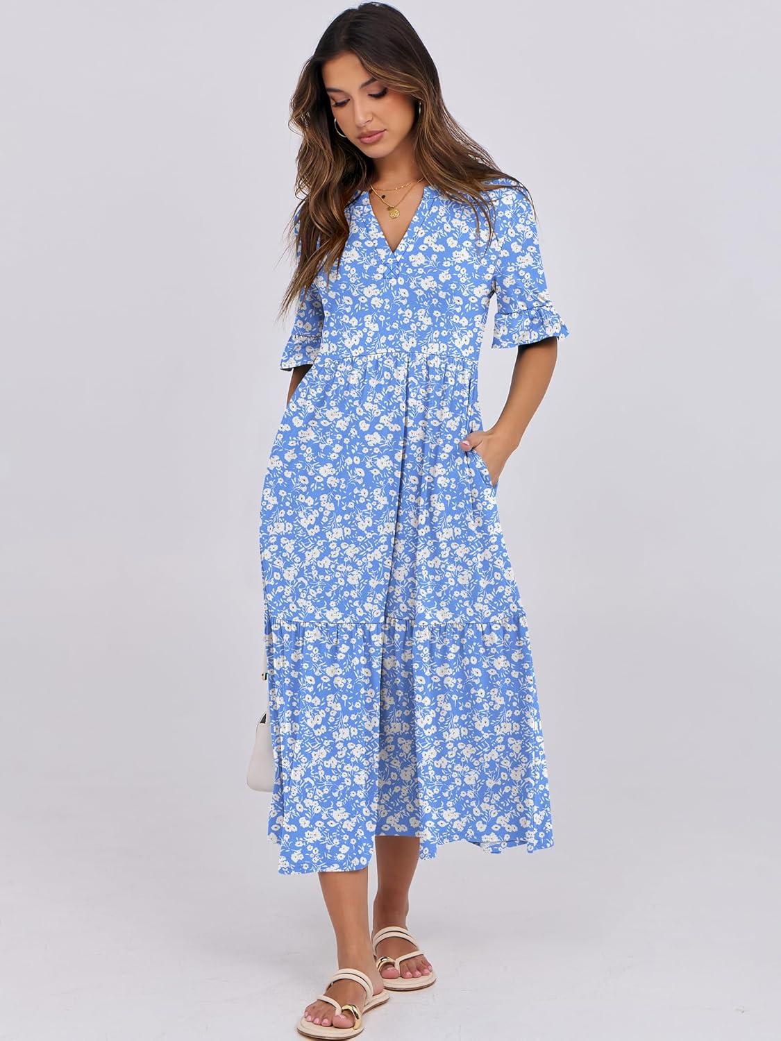 imageANRABESS Womens Casual Summer Ruffle Short Sleeve T Shirts Maxi Dress 2025 Fall V Neck Flowy Tiered Boho Beach DressesBlue Floral