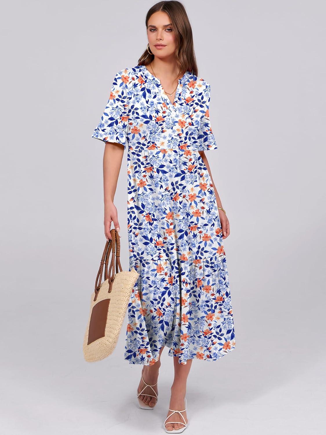imageANRABESS Womens Casual Summer Ruffle Short Sleeve T Shirts Maxi Dress 2025 Fall V Neck Flowy Tiered Boho Beach DressesBlue Orange Floral
