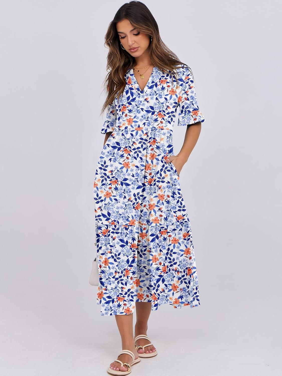 imageANRABESS Womens Casual Summer Ruffle Short Sleeve T Shirts Maxi Dress 2025 Fall V Neck Flowy Tiered Boho Beach DressesBlue Orange Floral
