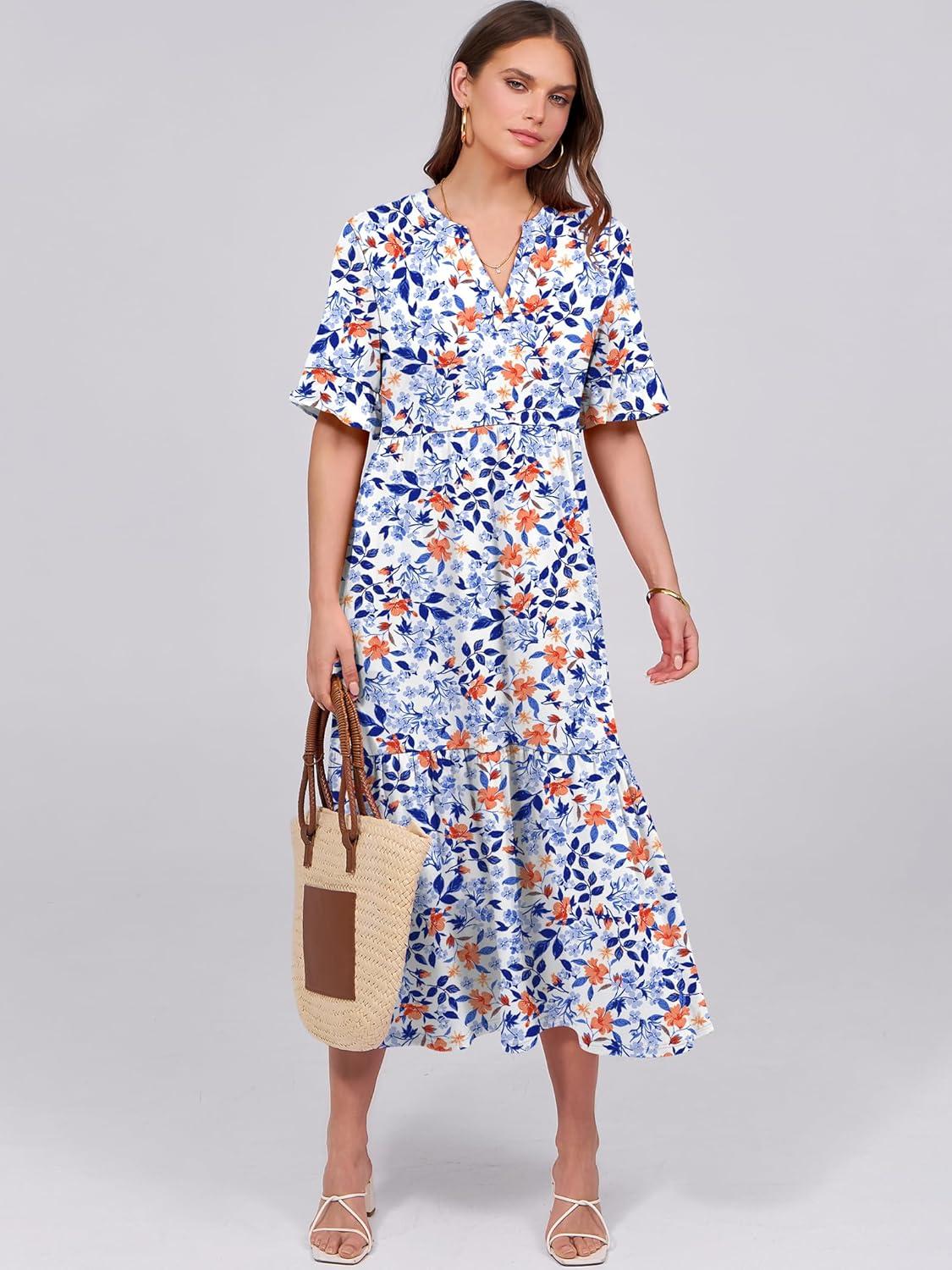 imageANRABESS Womens Casual Summer Ruffle Short Sleeve T Shirts Maxi Dress 2025 Fall V Neck Flowy Tiered Boho Beach DressesBlue Orange Floral