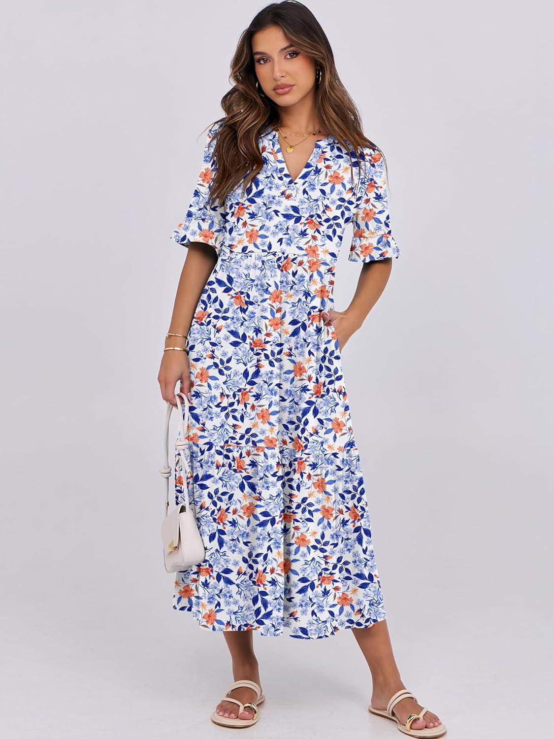 imageANRABESS Womens Casual Summer Ruffle Short Sleeve T Shirts Maxi Dress 2025 Fall V Neck Flowy Tiered Boho Beach DressesBlue Orange Floral