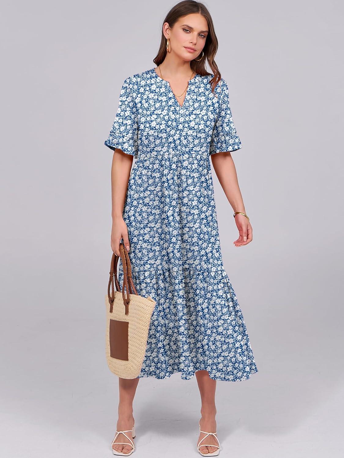 imageANRABESS Womens Casual Summer Ruffle Short Sleeve T Shirts Maxi Dress 2025 Fall V Neck Flowy Tiered Boho Beach DressesBlue White Floral