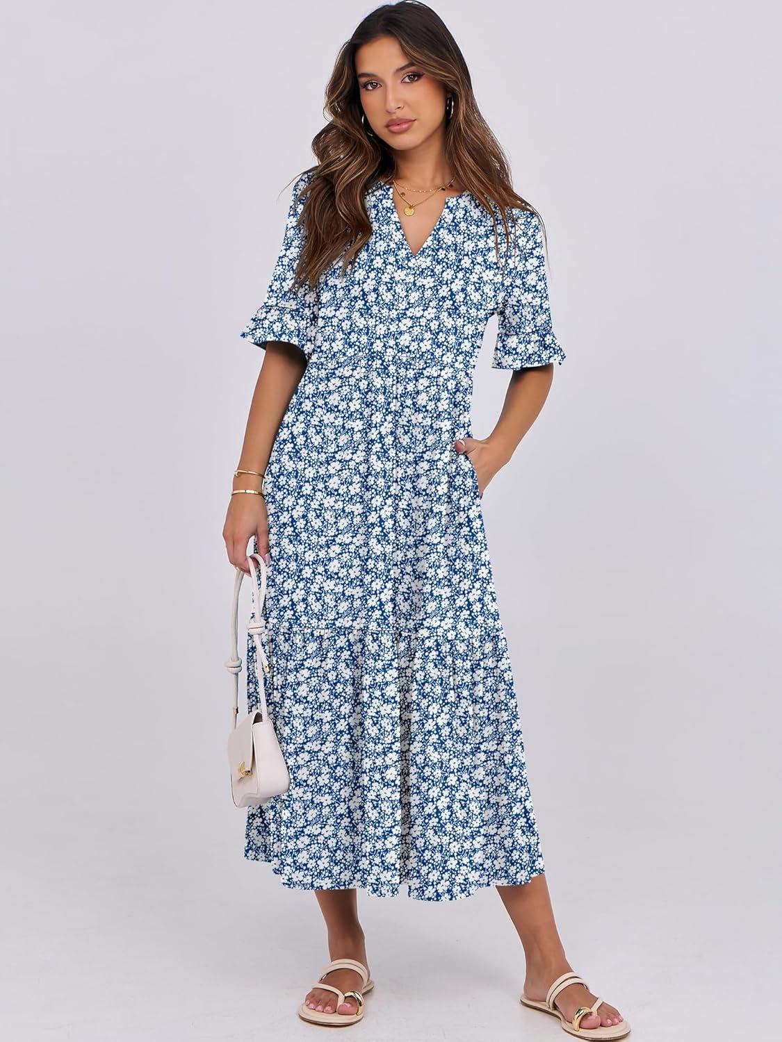 imageANRABESS Womens Casual Summer Ruffle Short Sleeve T Shirts Maxi Dress 2025 Fall V Neck Flowy Tiered Boho Beach DressesBlue White Floral