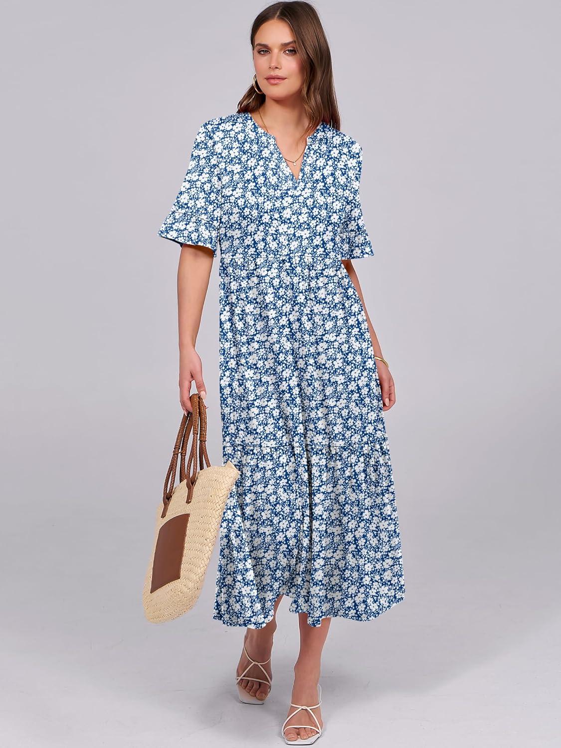 imageANRABESS Womens Casual Summer Ruffle Short Sleeve T Shirts Maxi Dress 2025 Fall V Neck Flowy Tiered Boho Beach DressesBlue White Floral