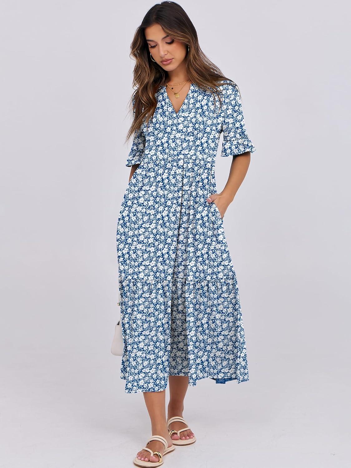 imageANRABESS Womens Casual Summer Ruffle Short Sleeve T Shirts Maxi Dress 2025 Fall V Neck Flowy Tiered Boho Beach DressesBlue White Floral