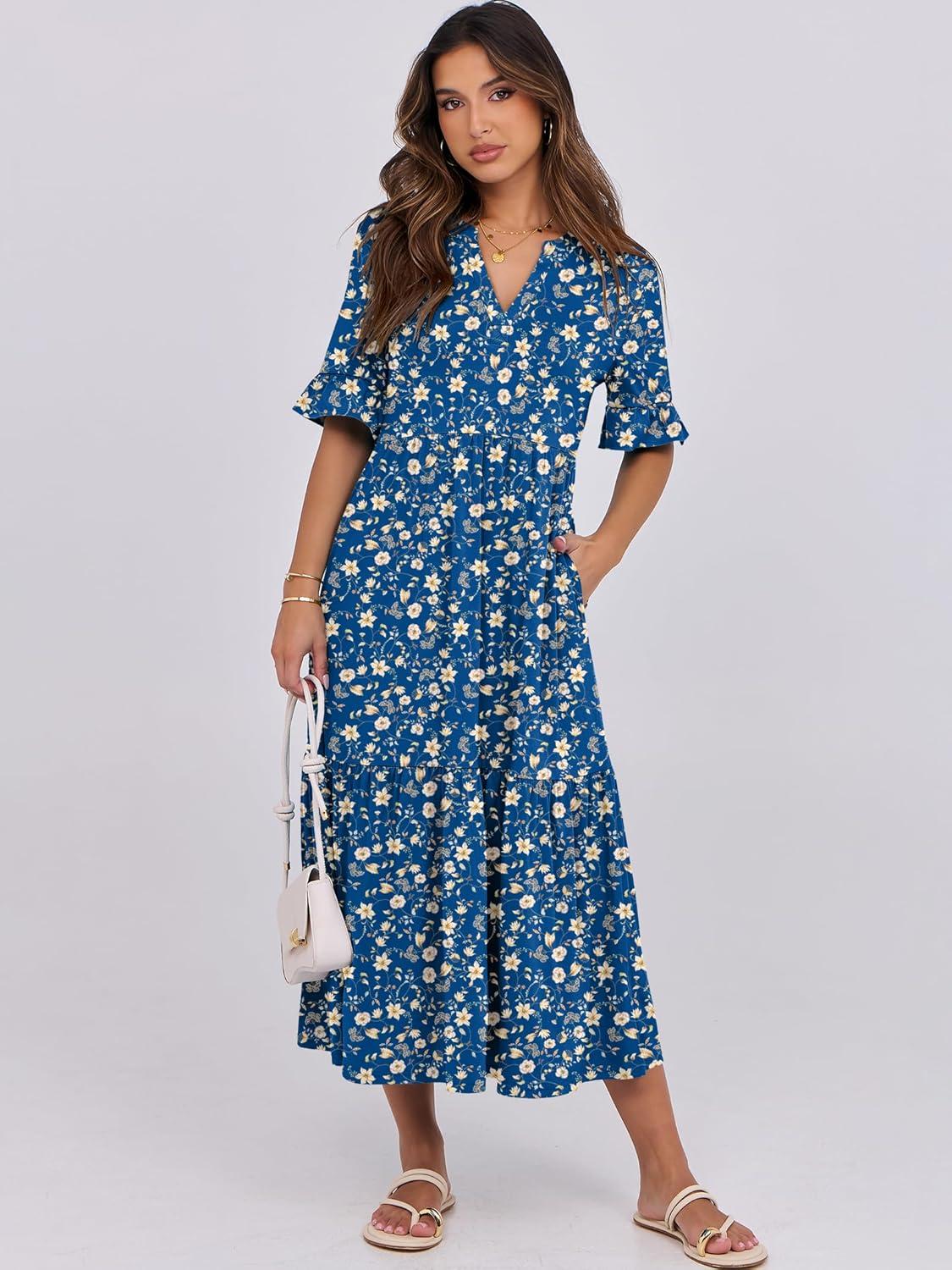 imageANRABESS Womens Casual Summer Ruffle Short Sleeve T Shirts Maxi Dress 2025 Fall V Neck Flowy Tiered Boho Beach DressesBlue Yellow Floral