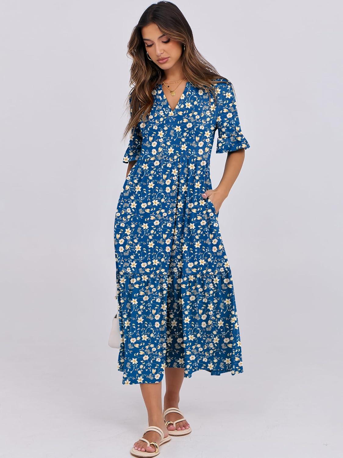 imageANRABESS Womens Casual Summer Ruffle Short Sleeve T Shirts Maxi Dress 2025 Fall V Neck Flowy Tiered Boho Beach DressesBlue Yellow Floral