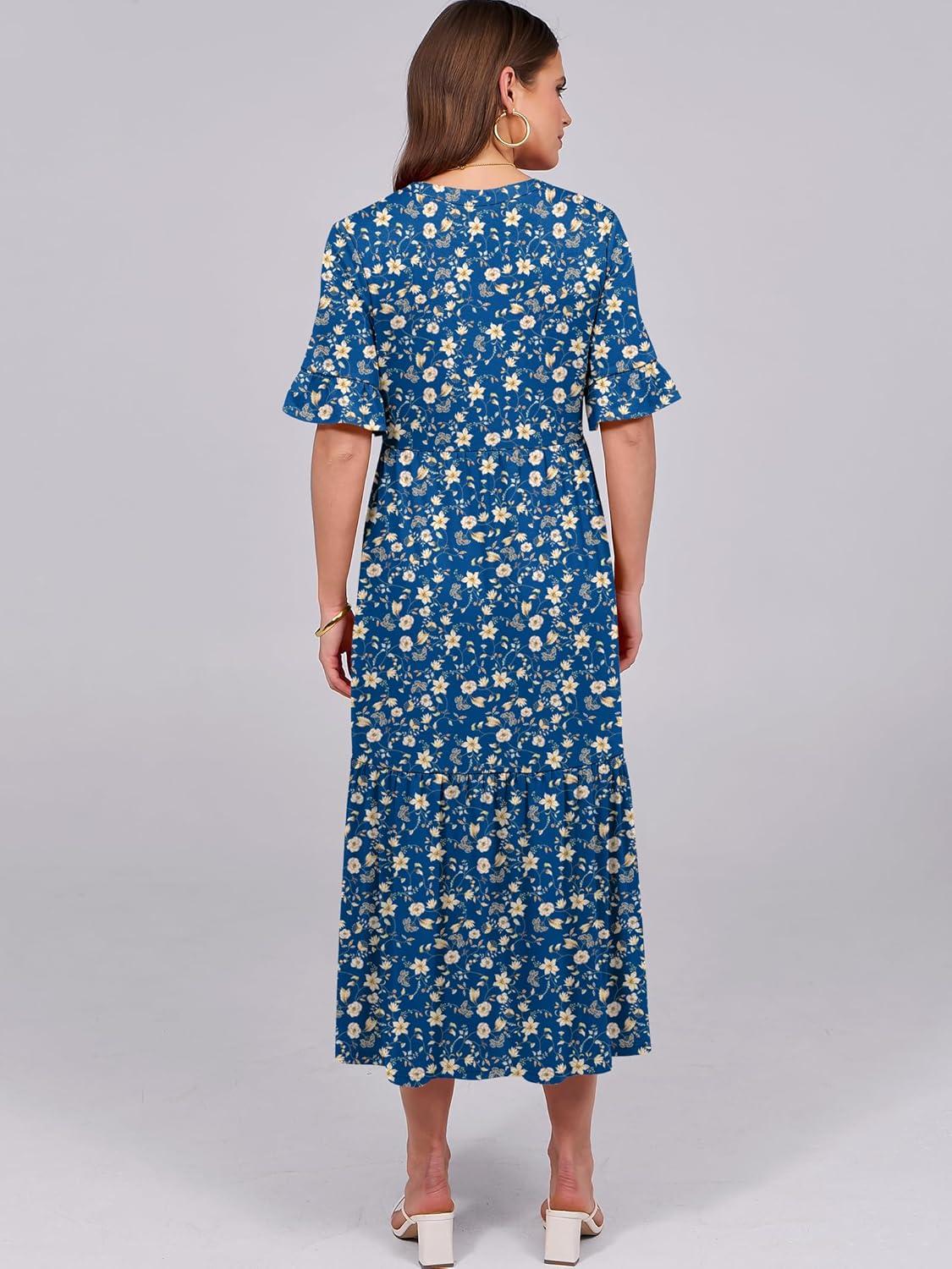 imageANRABESS Womens Casual Summer Ruffle Short Sleeve T Shirts Maxi Dress 2025 Fall V Neck Flowy Tiered Boho Beach DressesBlue Yellow Floral