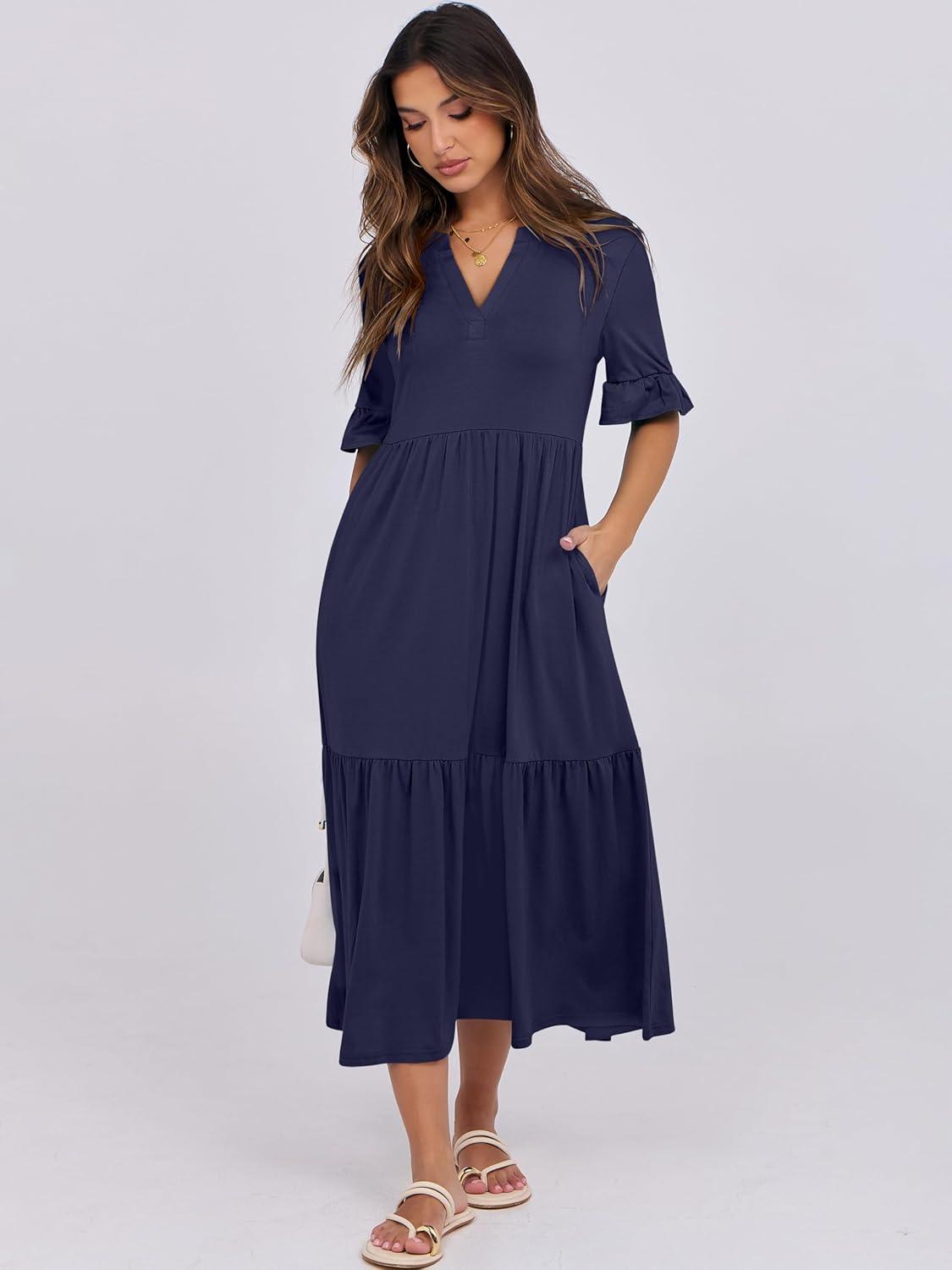 imageANRABESS Womens Casual Summer Ruffle Short Sleeve T Shirts Maxi Dress 2025 Fall V Neck Flowy Tiered Boho Beach DressesDark Blue