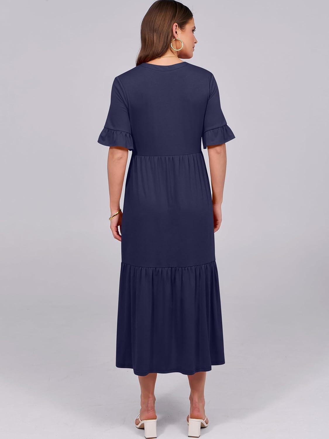 imageANRABESS Womens Casual Summer Ruffle Short Sleeve T Shirts Maxi Dress 2025 Fall V Neck Flowy Tiered Boho Beach DressesDark Blue