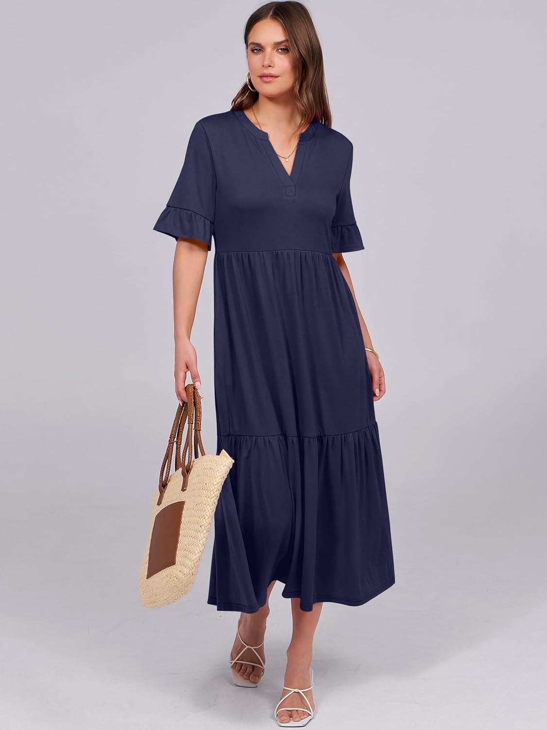 imageANRABESS Womens Casual Summer Ruffle Short Sleeve T Shirts Maxi Dress 2025 Fall V Neck Flowy Tiered Boho Beach DressesDark Blue