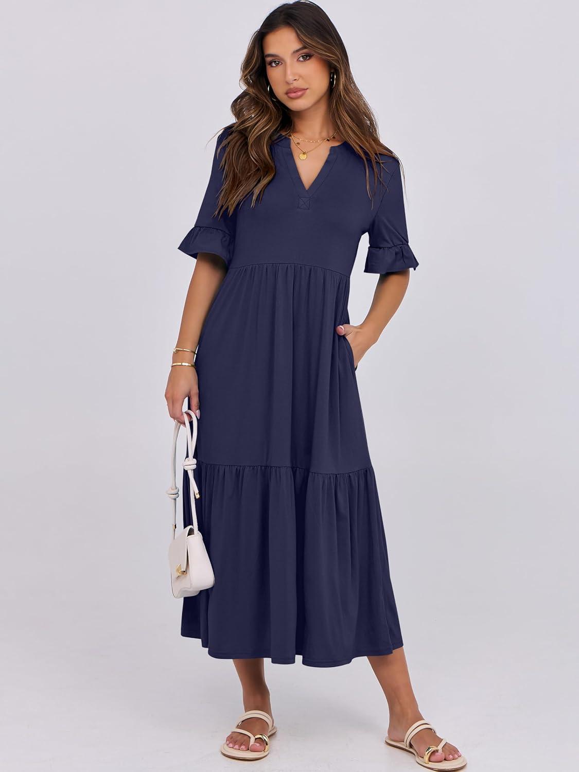imageANRABESS Womens Casual Summer Ruffle Short Sleeve T Shirts Maxi Dress 2025 Fall V Neck Flowy Tiered Boho Beach DressesDark Blue