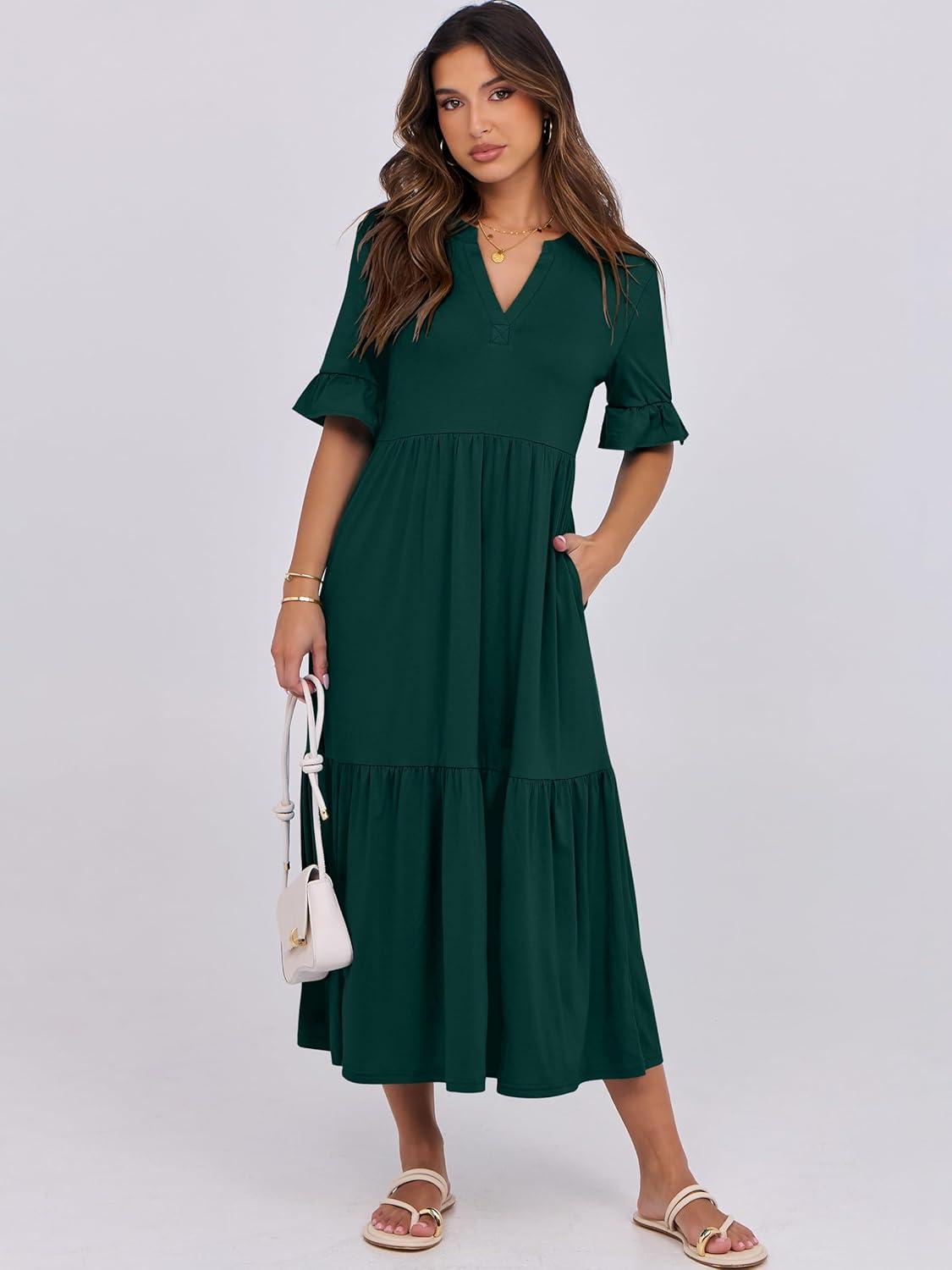 imageANRABESS Womens Casual Summer Ruffle Short Sleeve T Shirts Maxi Dress 2025 Fall V Neck Flowy Tiered Boho Beach DressesDark Green